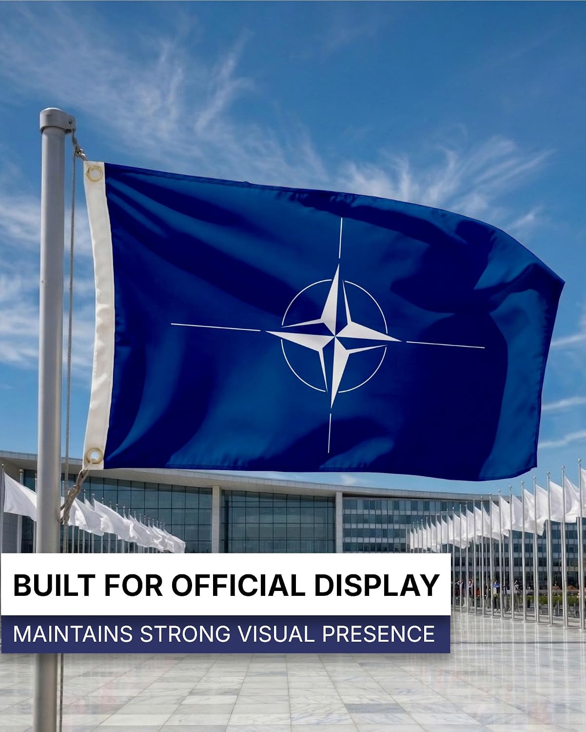 AGAS NATO North Atlantic Treaty Organization Atlantic Alliance Flag 3x5 ft 200D Nylon Fabric Double Stitched Canvas Header Brass Grommets Fade Resistant & Vivid Colors Can be Hung on Flagpole Outside or Indoors on a Wall
