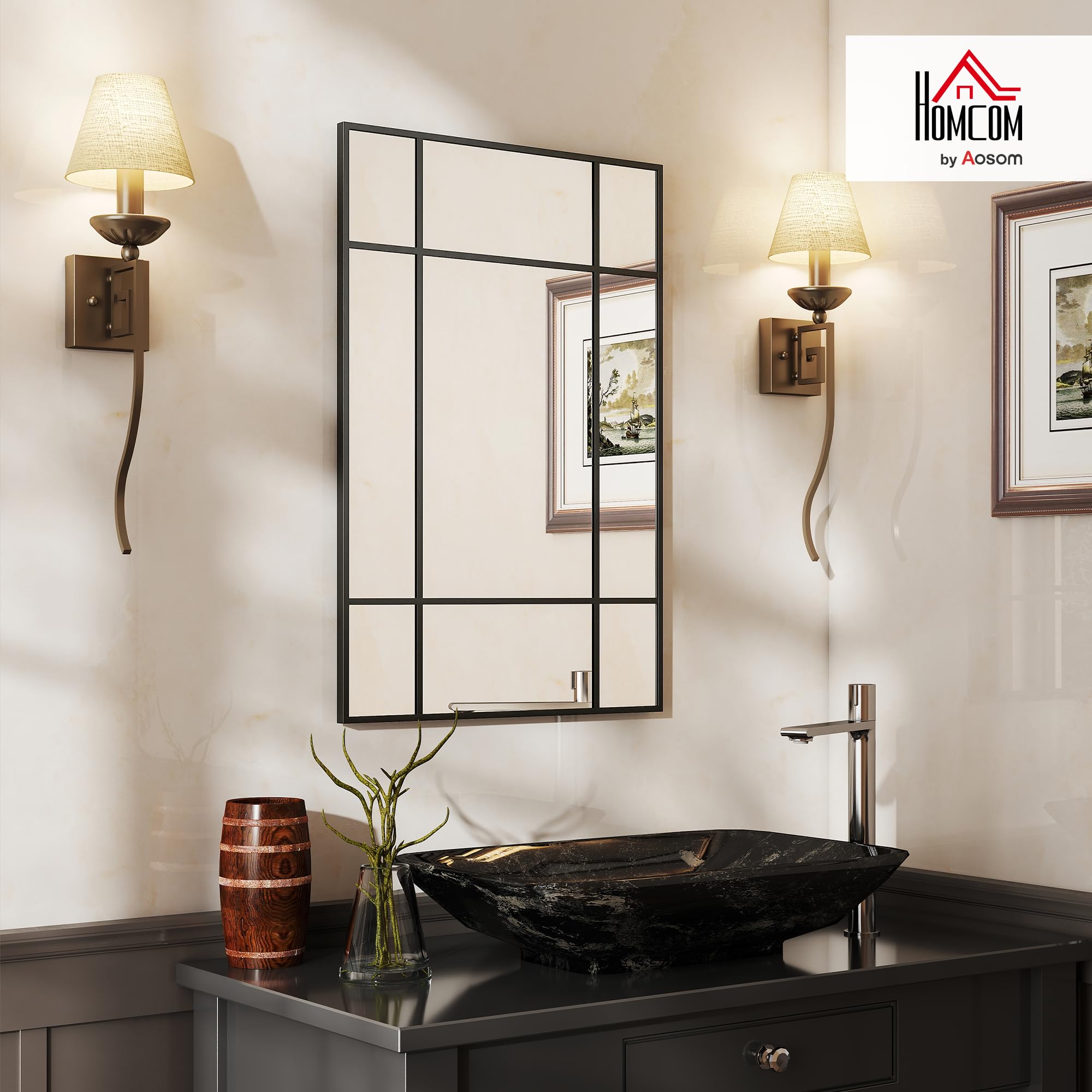 HOMCOM Miroir Mural verrière rectangulaire Style fenêtre, Horizontal ou Vertical avec 4 Crochets, en métal Noir - 90x60 cm