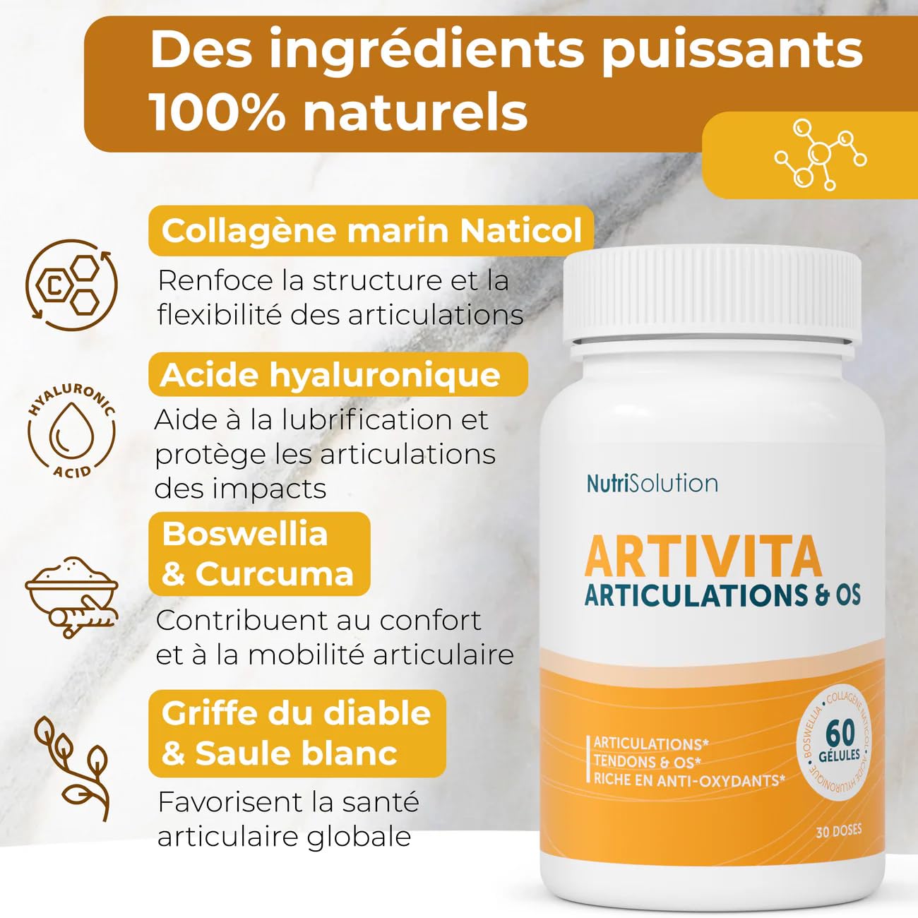 NutriSolution Artivita Soutien Articulaire – Formule Avancée au Collagène Marin, Acide Hyaluronique & Curcuma pour Articulations, Protection du Cartilage & Confort – 60 Gélules