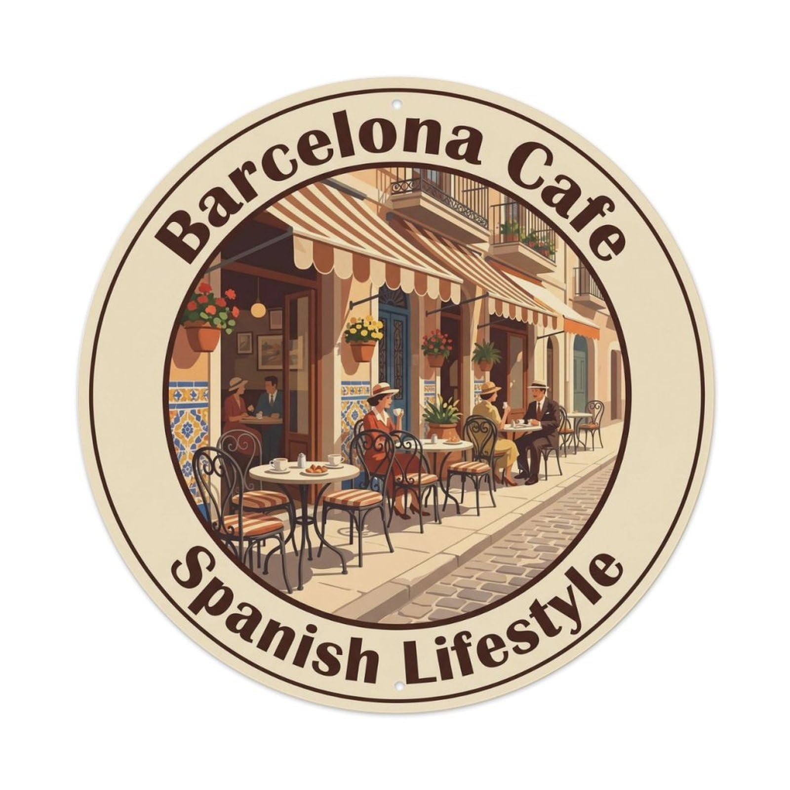 Retro Barcelona Catalan Cafe Culture Landmark Architecture Metal Tin Sign Plaque Wall Decor for Cafe, Man Cave, Club Bar, Office, Home Garden Round Metal Poster 8x8Inch