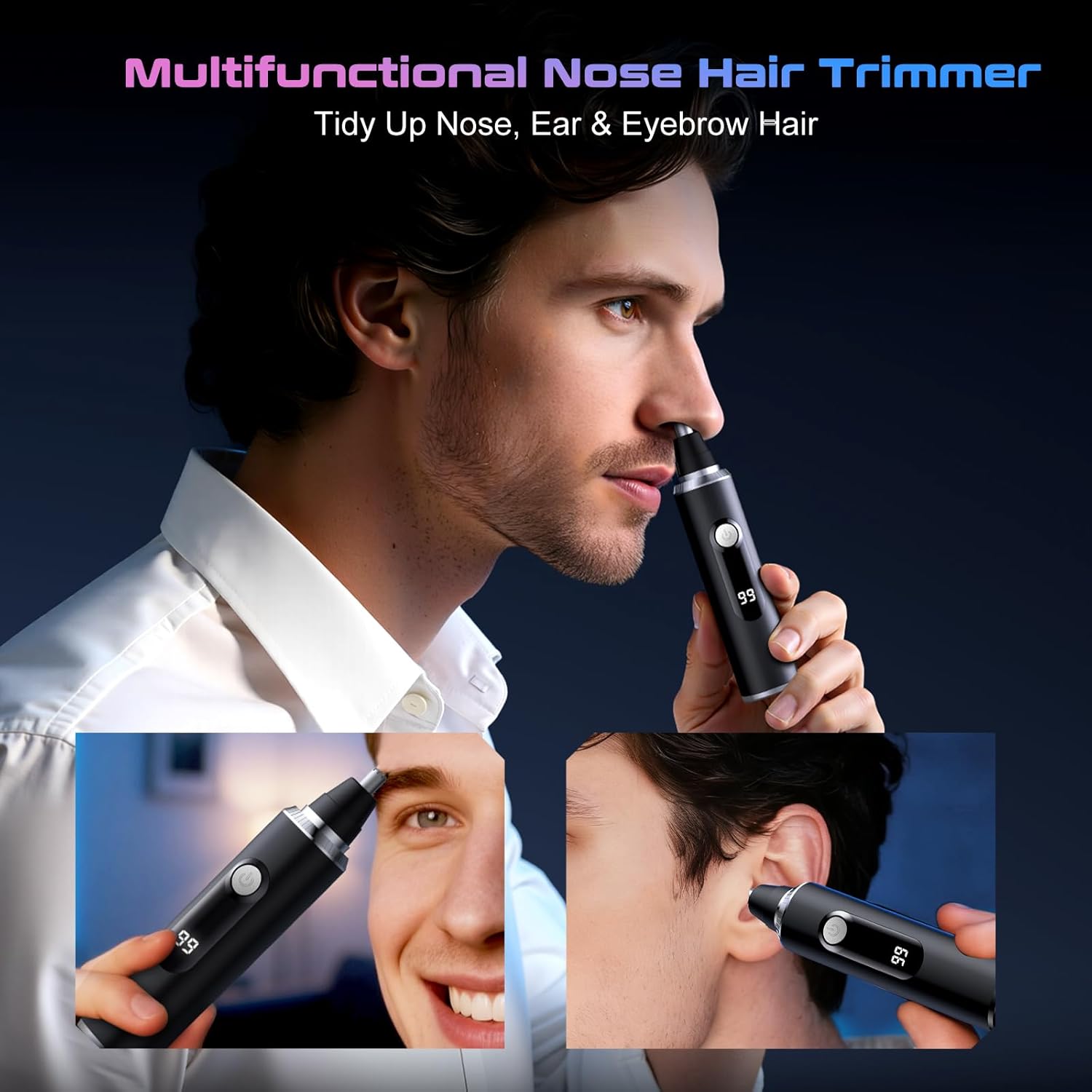 Nose Hair Trimmer for Men & Women – USB Rechargeable Clipper with LED Display, Dual-Edge Blades, 7600RPM Motor, IPX6 Waterproof, Painless Ear & Eyebrow Trimmer