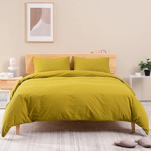 ATsense - Juego de funda de edredón tamaño King, 100% algodón lavado, de 3 piezas, ultra suave y de fácil cuidado, de estilo rural simple (amarillo,