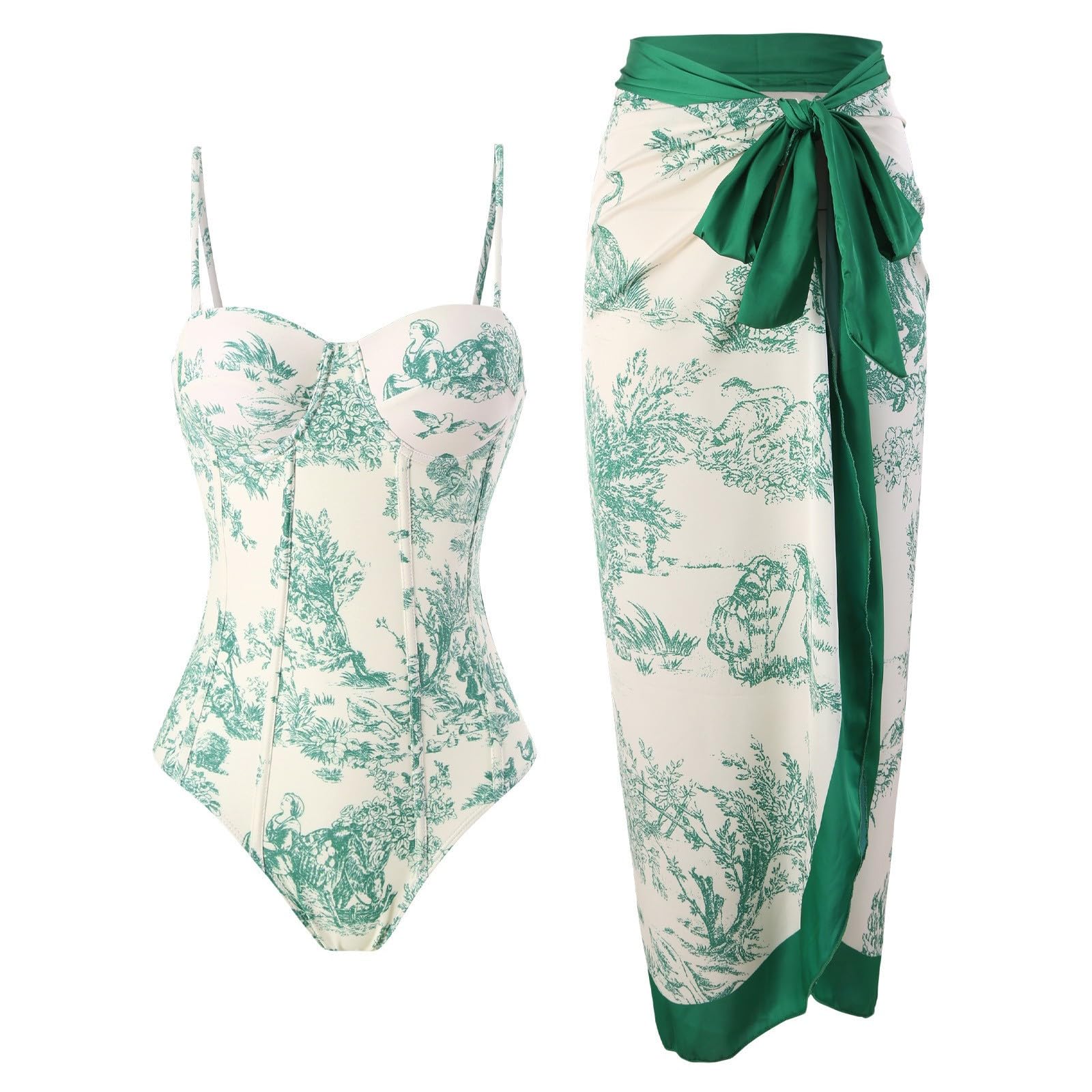 Maillot de bain 2 pièces pour femme avec paréo assorti pour l'été, vintage, imprimé floral, monokinis, maillots de bain avec jupe longue enveloppante, vêtements de plage bohème, vêtements de