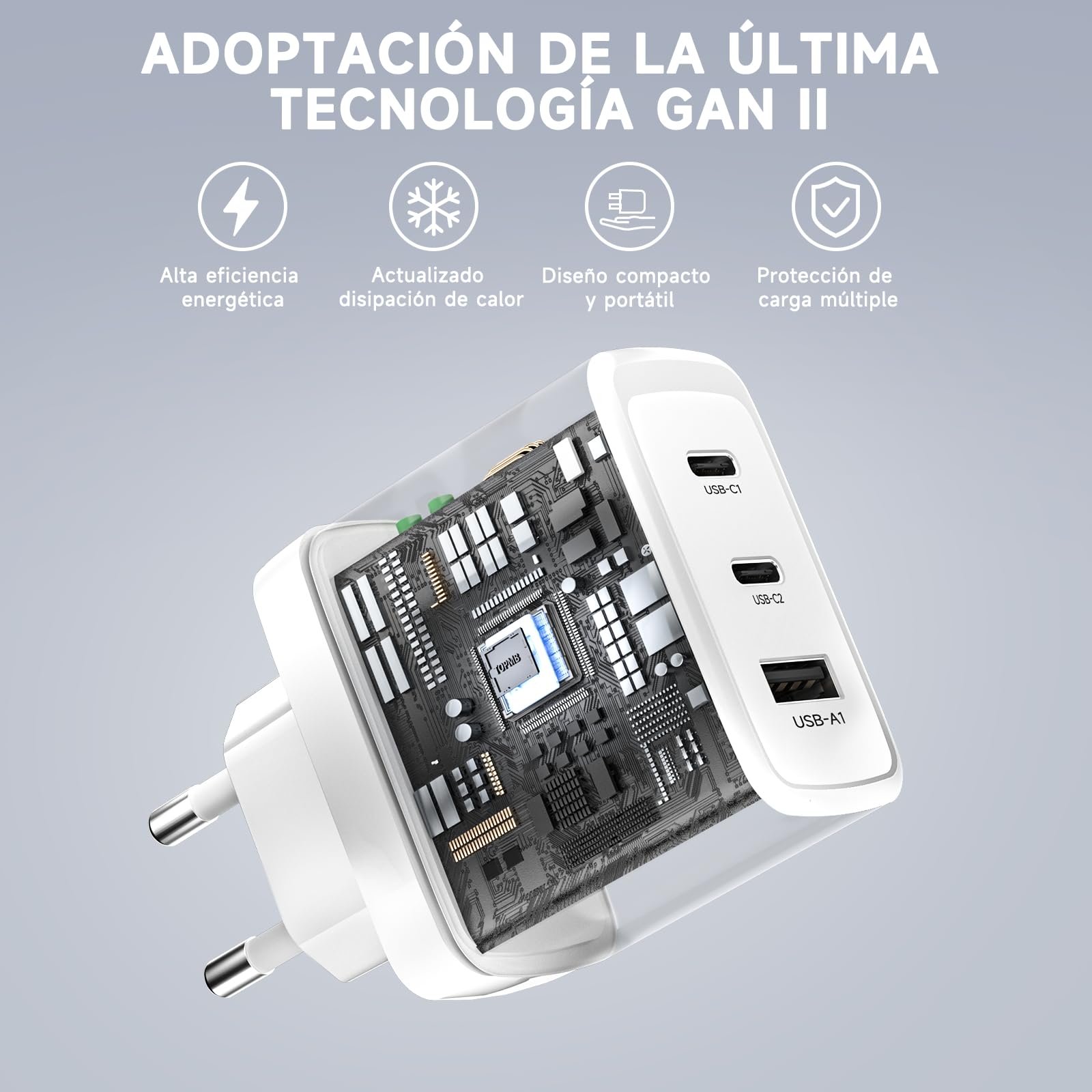 Cargador USB C 70W, Carga Ultra Rápida 3 Puertos PD3.0 PPS GAN II | con Cable Trenzado 2M, Compatible para MacBook Pro/Air, para iPhone 17/16/15, para Galaxy S26/25,para iPad, Pixel