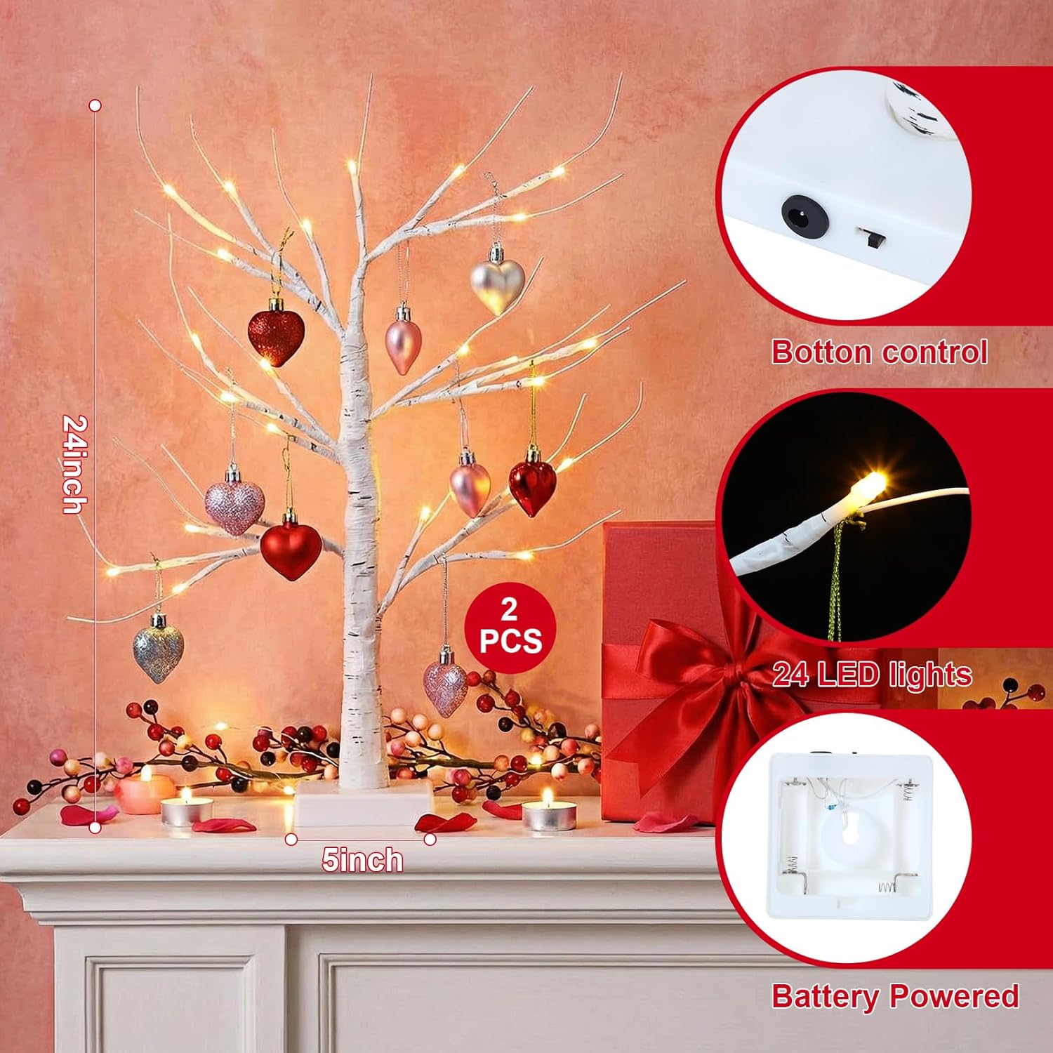 40 Pcs Valentine's Day Tree Decor 24" Lighted Birch Tree with 36 Pcs Heart Hanging Ornaments 2 Mr and Mrs Valentine Gnomes Decorations Plush for Centerpiece Wedding Gift Table Decorations