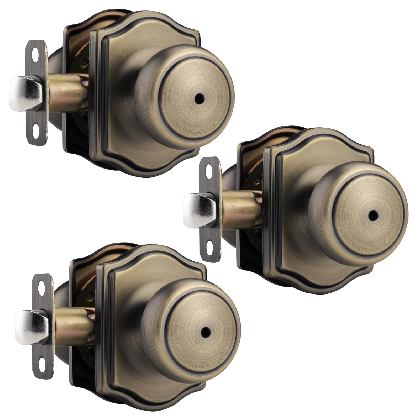 NCSEN 3 Pack Antique Brass Door Knobs with Camelot Trim,Interior Door Knob with Lock,Privacy Door knob for Bath and Bedroom