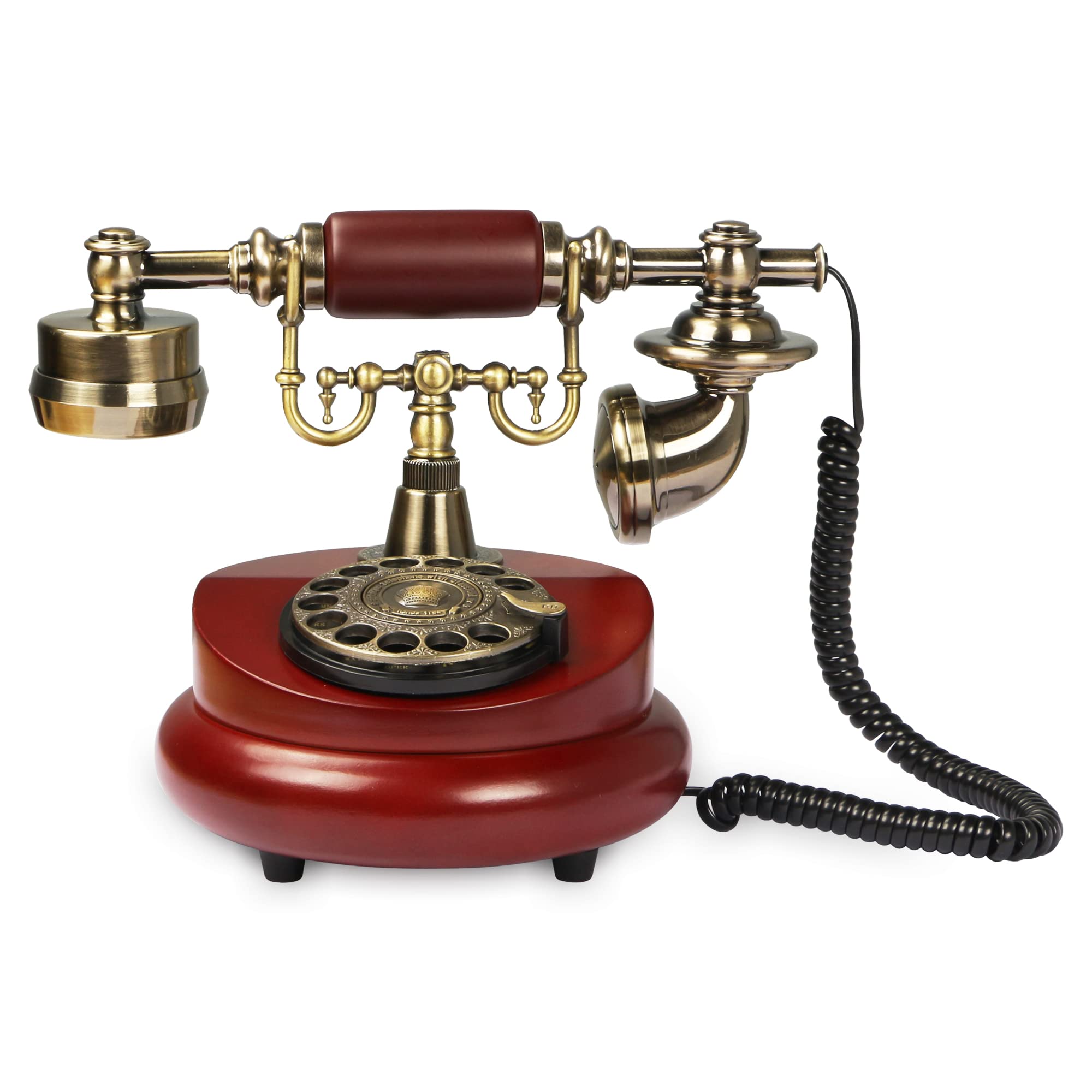CERRXIAN Retro Landline Turntable Telephone, European Vintage Antique Style Fixed Telephone Decoration (Red color-201AS)