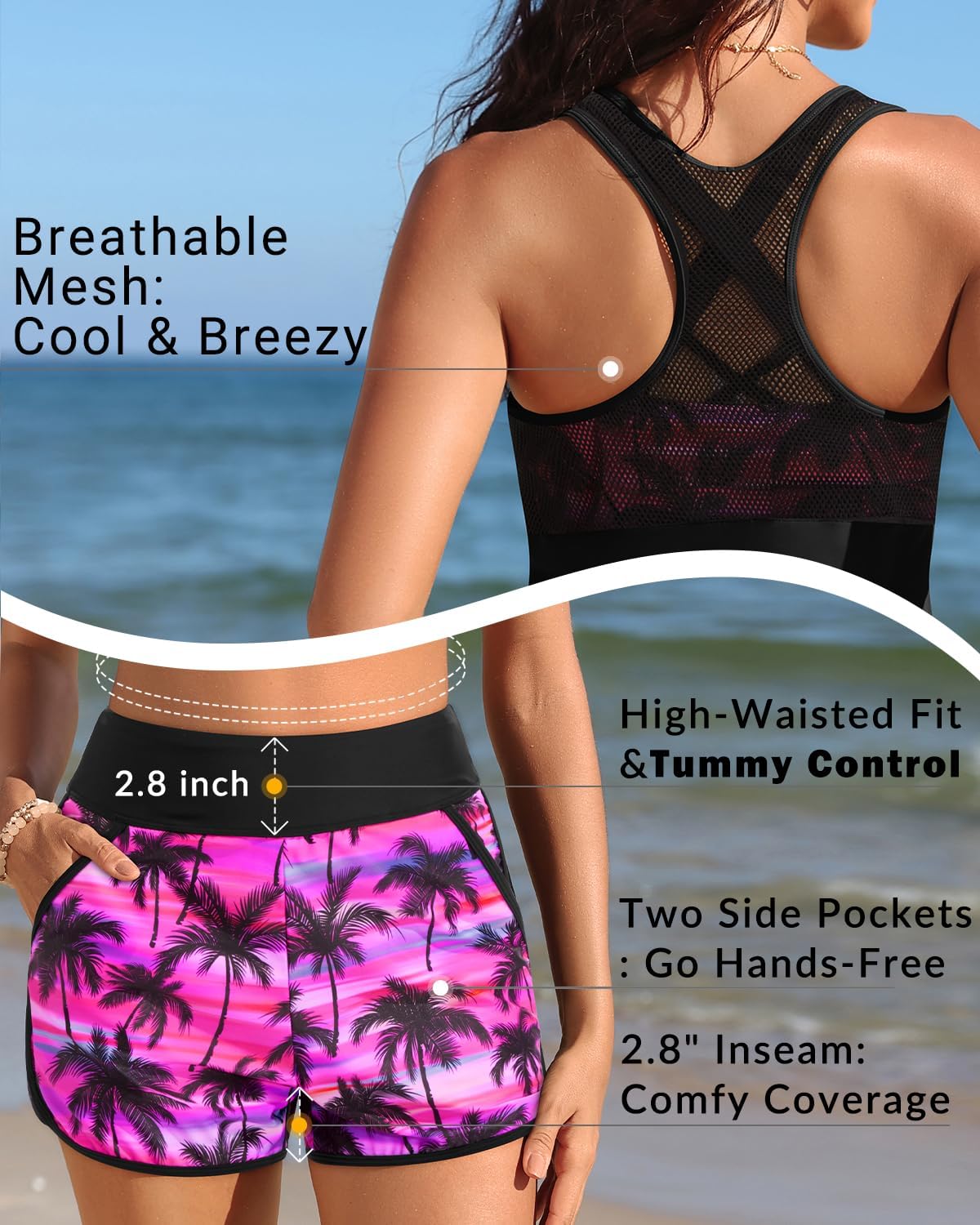 Women 3 Piece Tankini Swimsuit - Mesh Racerback Tank Top with Sports Bra and Pocketed Boyshorts Athletic Bathing Suits - Image 4
