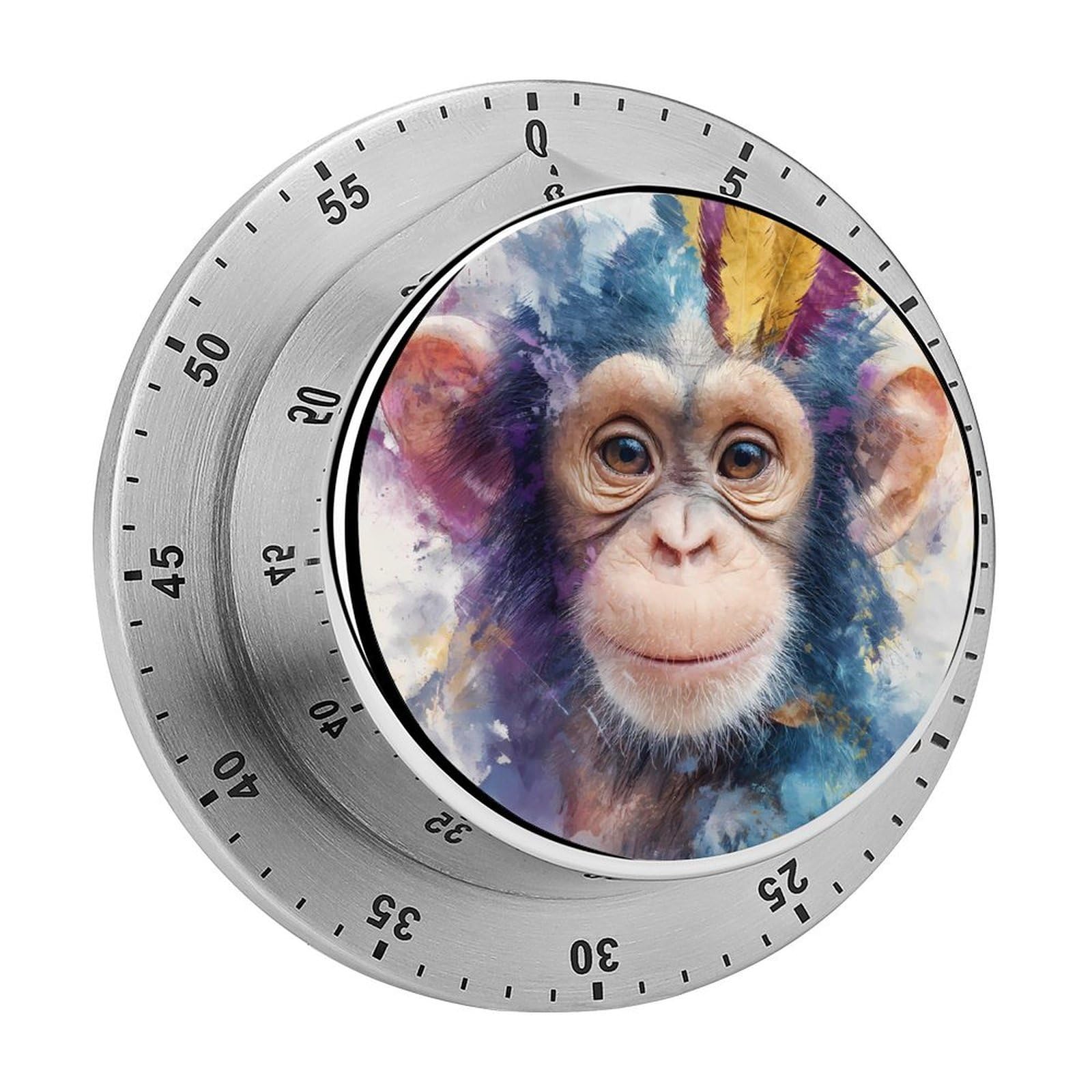 Watercolor Monkey Colorful Feathers Mechanical Timer with Alarm for Kitchen Cooking Productivity Stainless Steel Timers