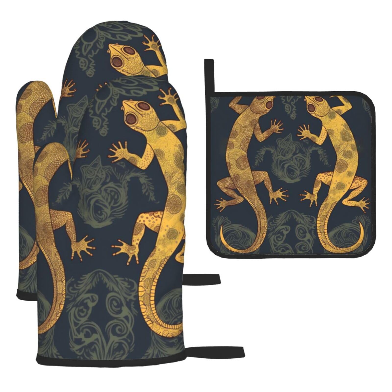 3 Piece Oven Mitts and Pot Holders Set Heat Resistant Oven Gloves and Potholders BBQ Gloves Hot Pads Gecko Lizards Cooking Gloves for Kitchen Baking Grilling