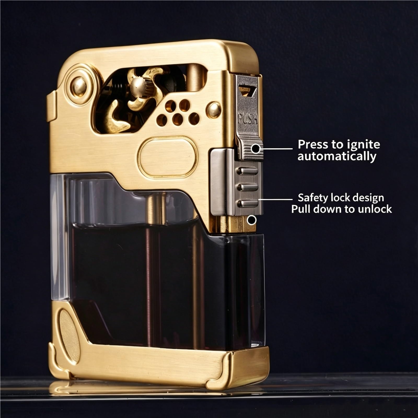Encendedor de queroseno con encendido de un botón, diseño resistente al viento, tanque de combustible transparente, reutilizable, bloqueo de seguridad para hombres