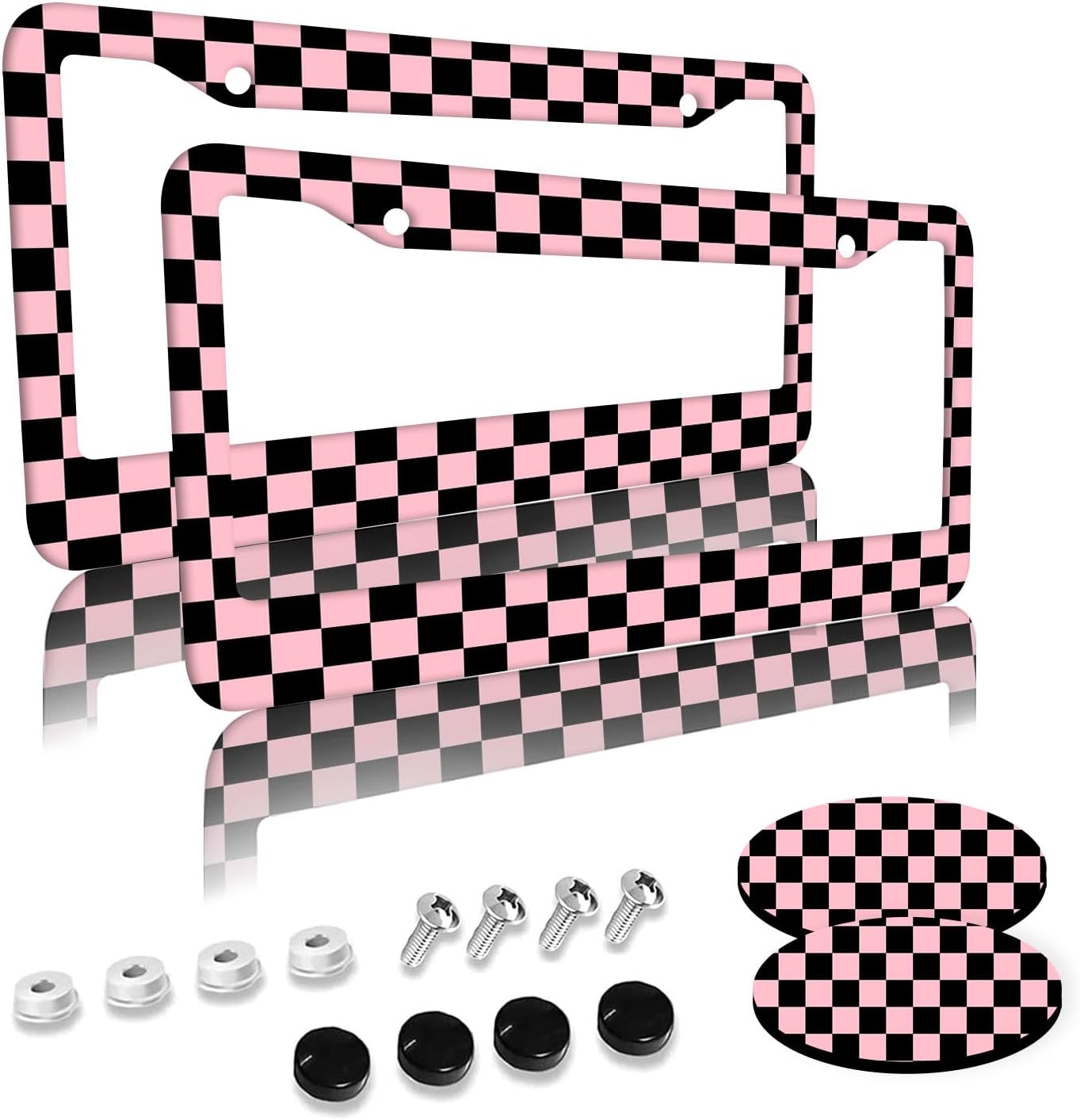 Black and White Checkered Pattern License Plate Frames 2 Pack 2 Holes Aluminum License Plate Cover with 2 Pcs Car Coasters and Screw and Black Screw Caps for Girl Women Men Gifts image 5