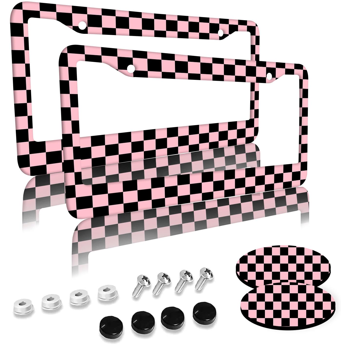Pink Checkered License Plate Frames 2 Pack 2 Holes Aluminum License Plate Cover with 2 Pcs Car Coasters and Screw and Black Screw Caps for Girl Women