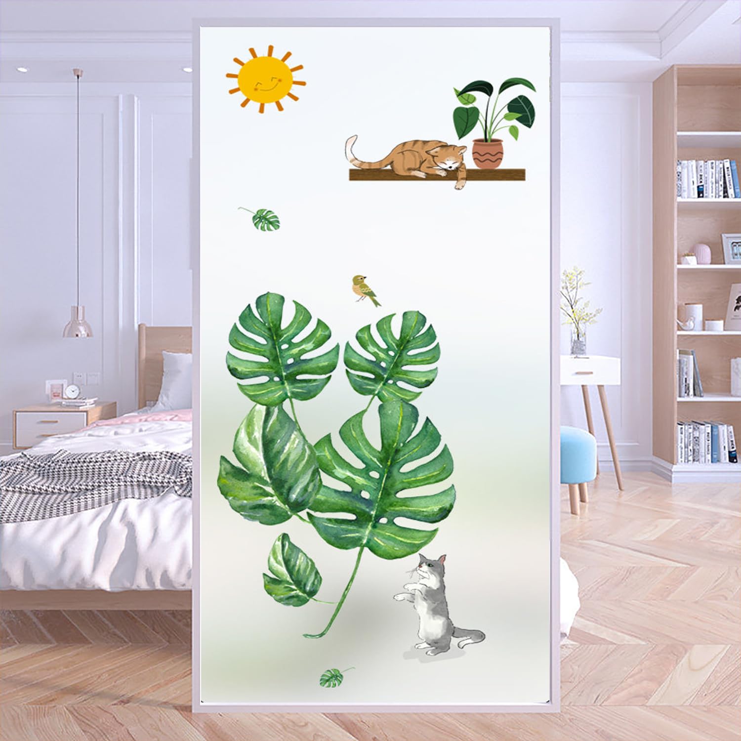 XQKXHZ Peel and Stick Window Film,Static Cling Stained Glass Decorative Window Film Opaque Privacy Non-Adhesive Reusable Frosted Glass Stickers for Bathroom,Kitchen,Office (Green Plants),C,80x200cm