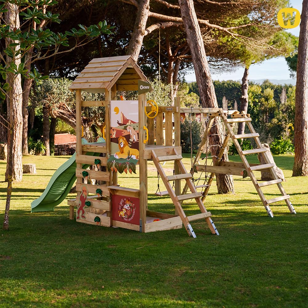 Disney's Der König der Löwen Story Spielturm von Wickey - Klettergerüst, Kletterturm, Gartenspielgerät für Kinder - Outdoor Garten Spielplatz aus Holz mit Sandkasten