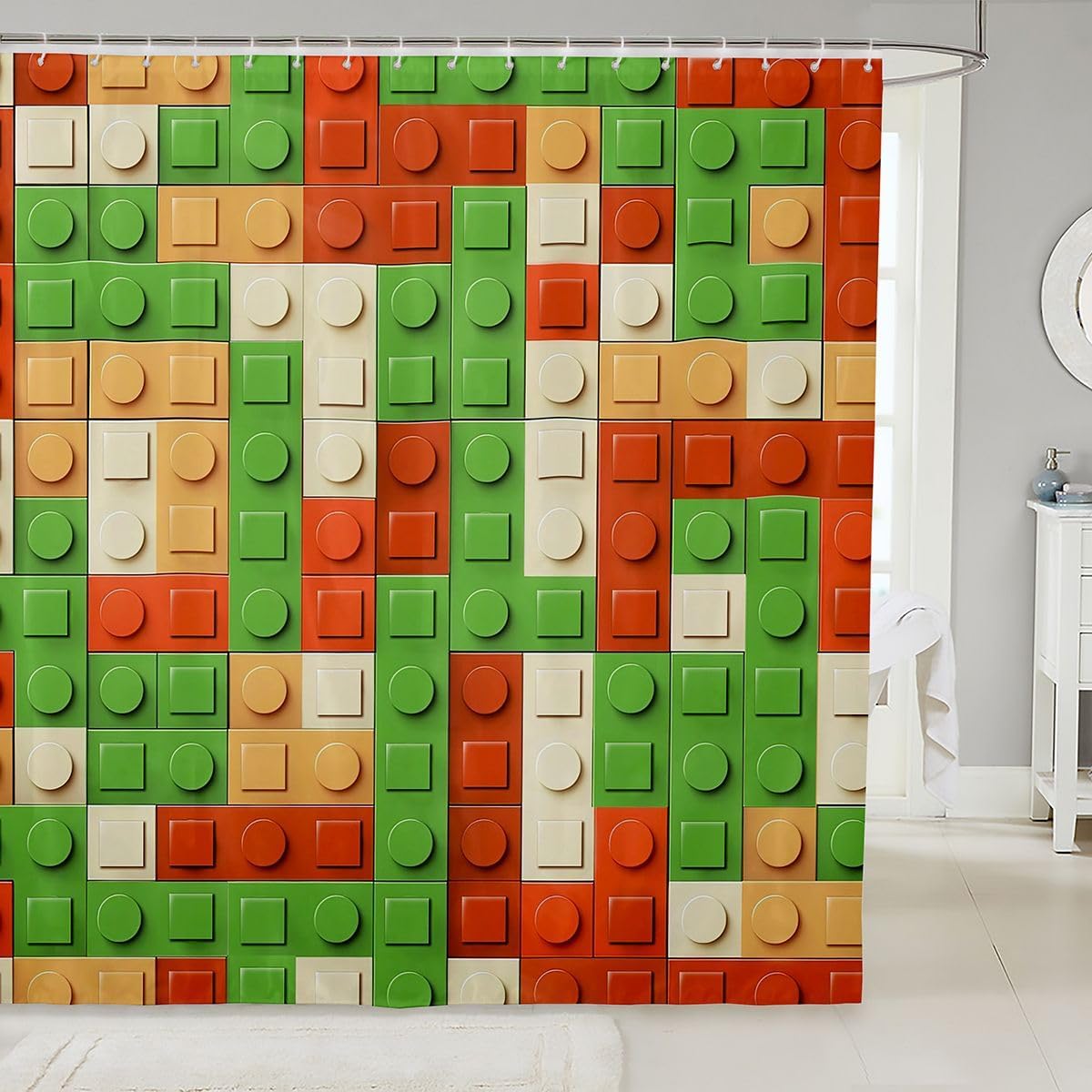 Feelyou Building Block Print Shower Curtain 72x72 Inches Kids Brick Styles Bathroom Waterproof Accessories with 12 Hooks for Boys Teens Colorful Gaming Green Red Yellow Room Decor