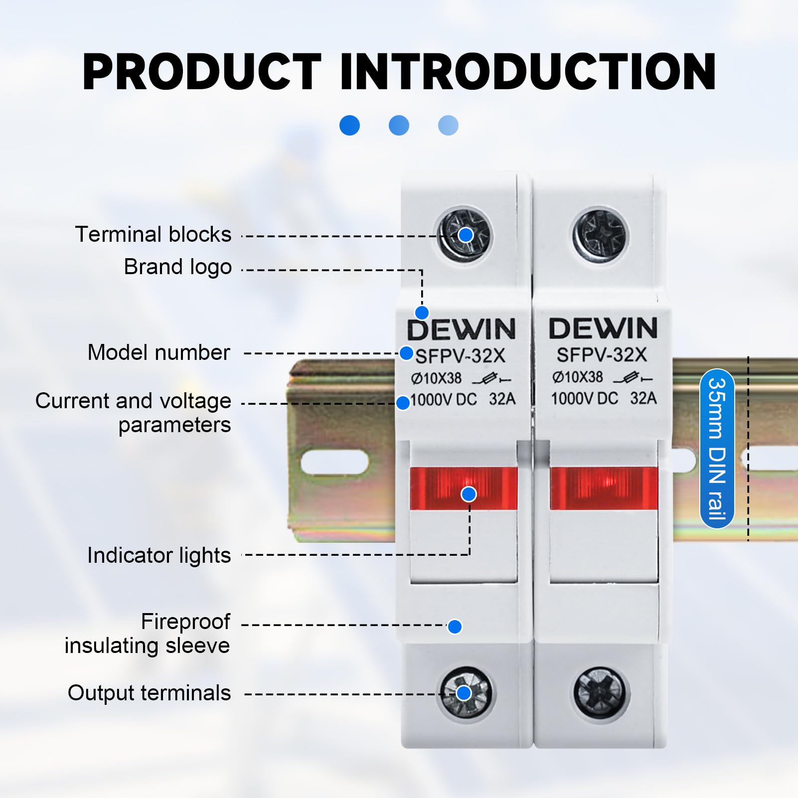 DEWIN Fusible fotovoltaico, 2 polos, 1000 V CC, 32 A, protección contra sobrecarga y cortocircuito.(With 15A PV fuse)