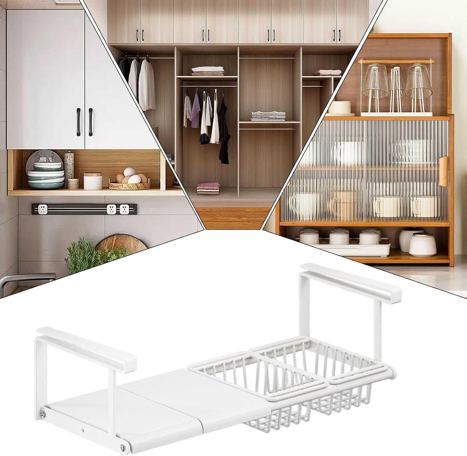 Under Cabinet Basket - Extendable No-Drill Holder | Under Shelf Storage Rack | for Home Wardrobe Kitchen Bathroom Pantry Closet Laundry Bedroom Rv Dorm