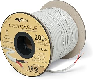 18AWG LED Cable/Speaker Wire 2 Conductor in-Wall Plenum Rated Jacketed, Low Voltage Wiring, UL Class 2 Certified - 200 ft Spool