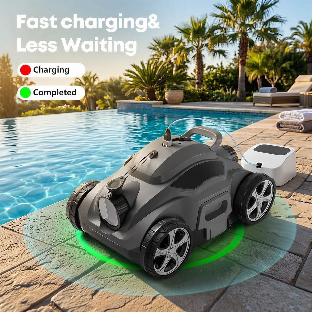 Cordless Robotic Pool Cleaner for Above Ground Pools, Pool Vacuum for Flat Inground Pools up to 1,076 Sq. Ft., Automatic Self-Parking, 110-Min Runtime, Dual Brushless Motors