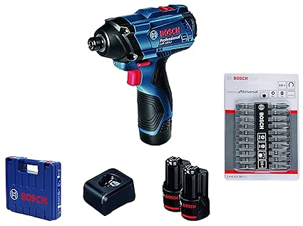Bosch GDR 120 LI Cordless Impact Driver with Double Battery (Blue, 3-Piece) with Bosch 2608522265 65 mm Standard for Universal Screwdriver Bits, 10 in 1 Pack Slotted and PH2