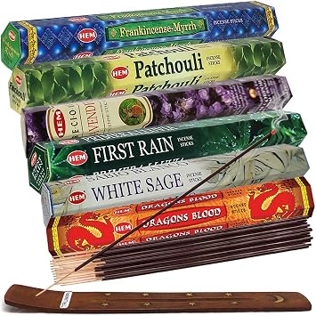 Hem Incense Sticks Variety Pack #23-120 Insence-Sticks 6 Incents x 20 Insense + Incense Stick Holder with 6 Most Liked Scents Including Patchouli Dragons Blood White Sage Frankincense-Myrrh