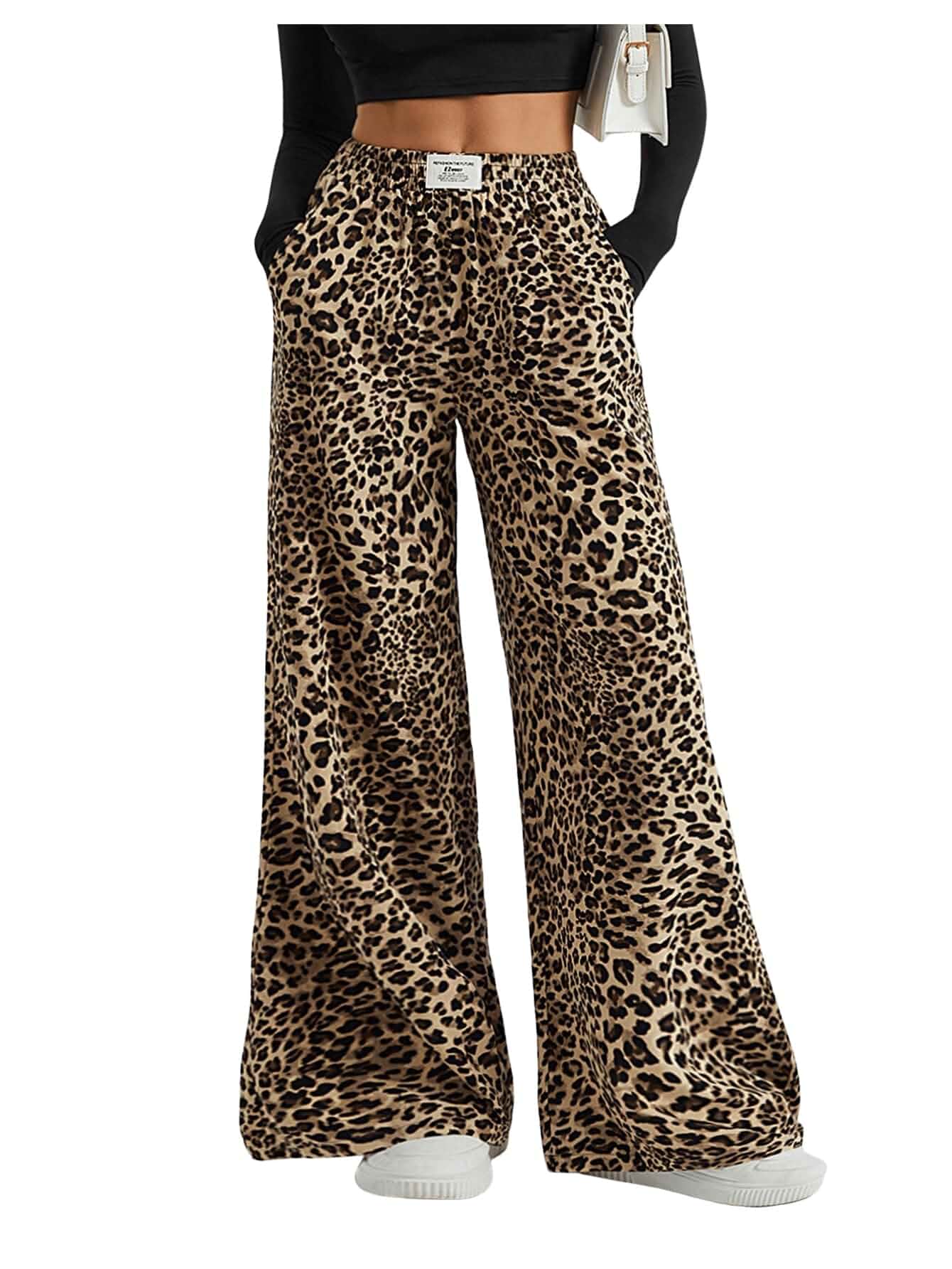 Floerns Women's Leopard Print Elastic High Waisted Trousers Wide Leg Street Y2k Pants