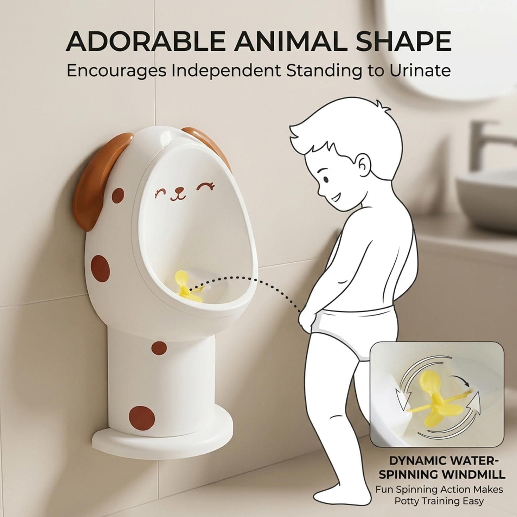 Orinal para niños pequeños con diseño divertido de molino de viento, orinal para niños de altura ajustable Orinales para montados en la pared para aprender a ir al baño, para pequeños