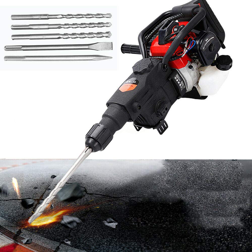 Martillo de demolición de gasolina de 1800 W, 32.7 CC, multifunción 3 en 1, 3 taladros, 1 cincel de punta, 1 cincel plano