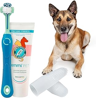 emmi-pet Dental Care Set for Dogs - 1 x 3-Head Dog Toothbrush with 1 x Dog Toothpaste and 2 x Finger Toothbrush (Blue, Adults - Seniors) product image