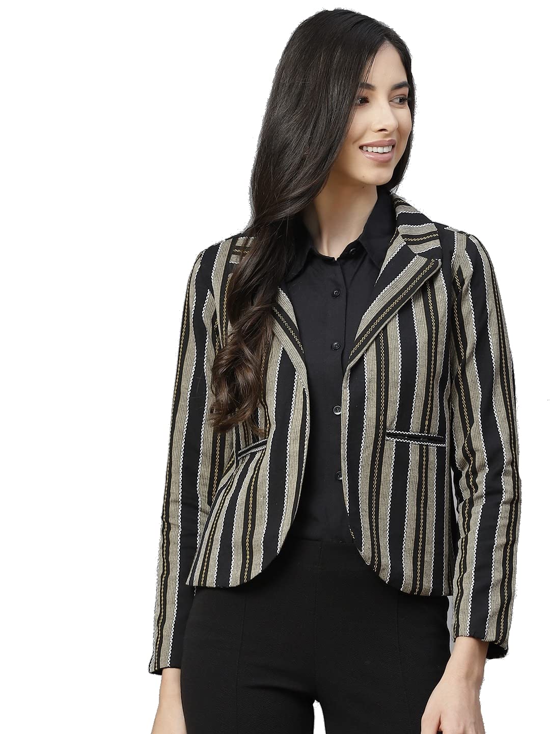 cottinfab Black & Beige Striped Single Breasted Regular Fit Blazer-picture-13