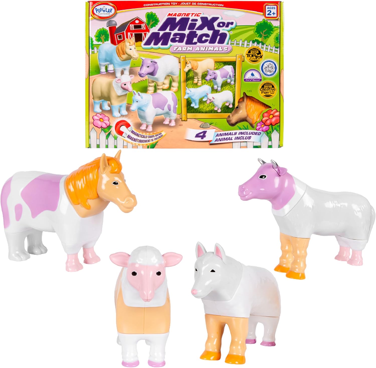 POPULAR PLAYTHINGS Magnetic Animals for Toddlers 1-3, Mix or Match Animal Toys, Set of 4 Gift for Kids - Pastel Farm Animals