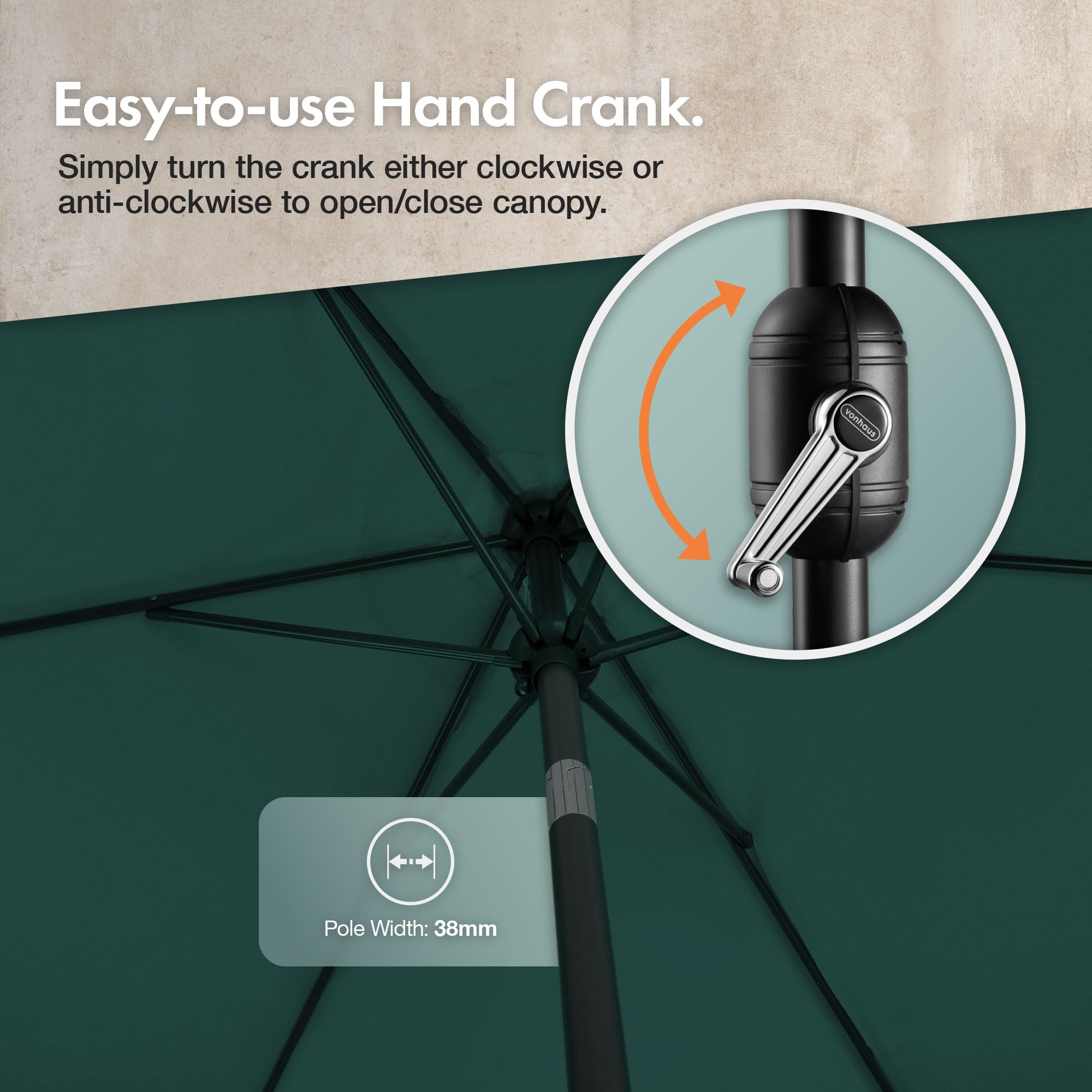 VonHaus Parasol 2M – Parasol Umbrella for Outdoor, Garden, Patio – Sun Shade Canopy with Hand Crank, Tilt Function, UV30+ Protection, Air Vent, Powder Coated Steel Frame - Dark Green — view 6