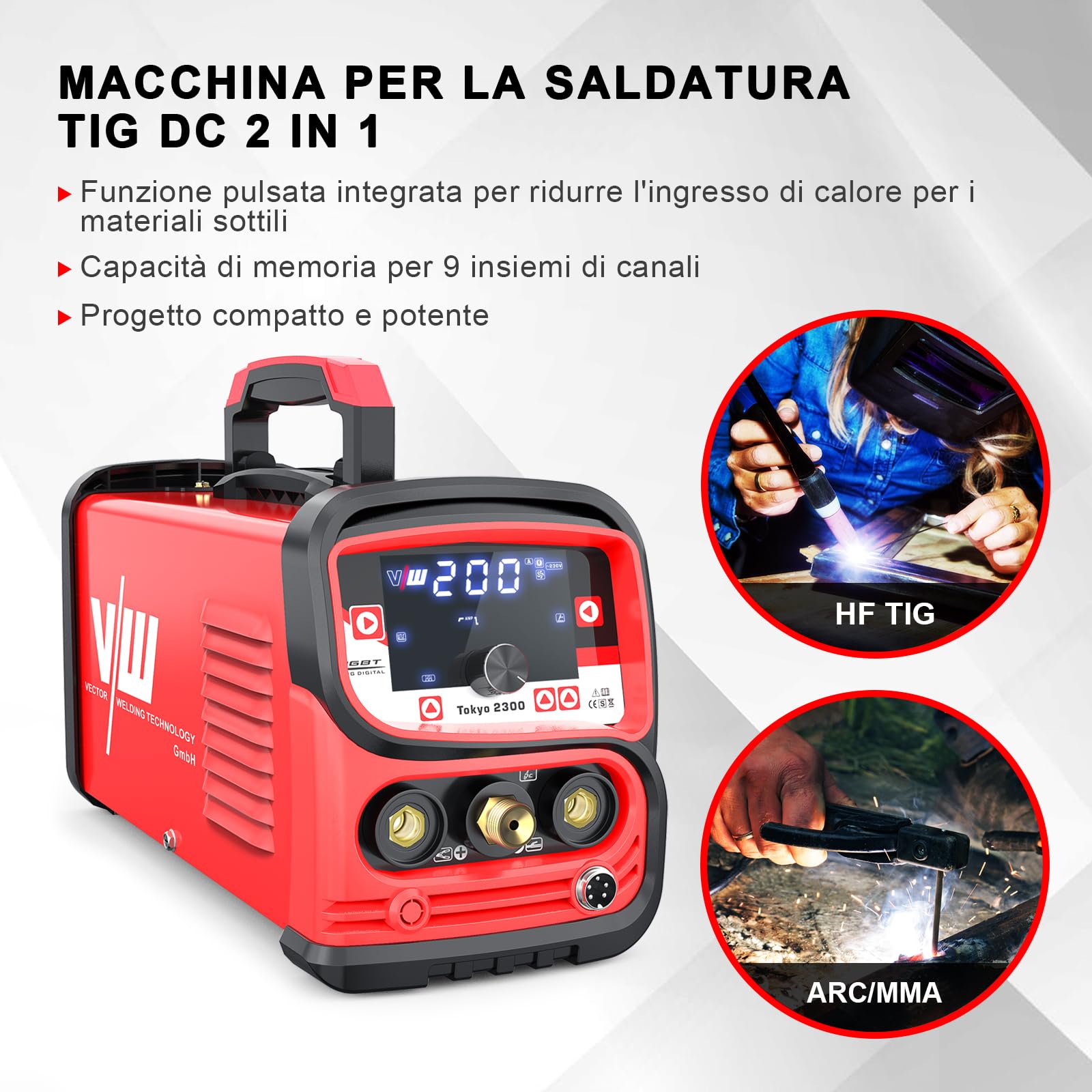 Saldatrice TIG 200A DC con Funzione Impulso e IGBT, MMA, Daldatore TIG con Grande Display LED, Avvio a Caldo, Arc Force e Nove Slot di Memoria, Tokyo 2300 - Vector Welding