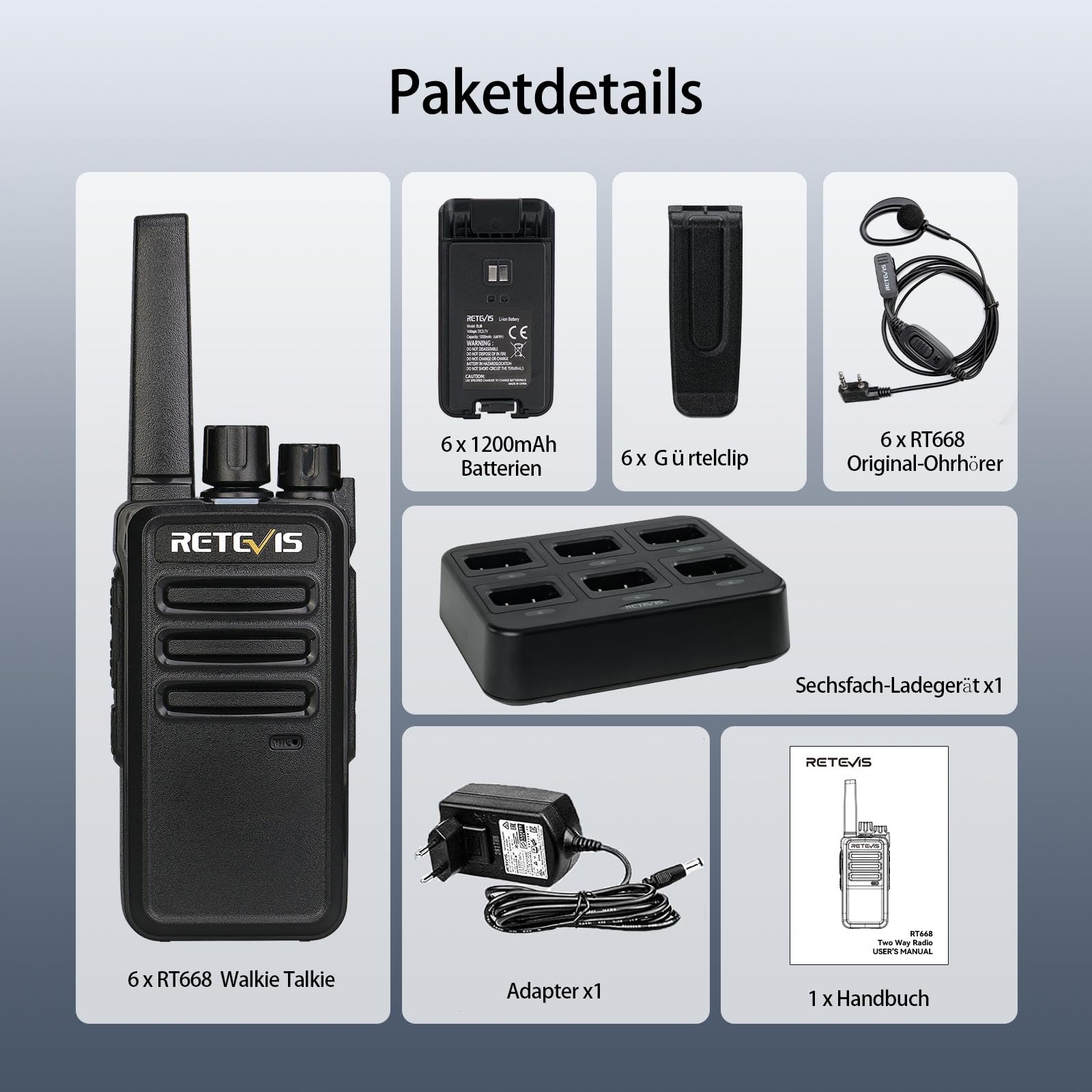 Retevis RT668 Funkgerät, Walkie Talkie Professionell Robustes, Funkgeräte Set Headset, 6 Wege Ladegerät, PMR446, VOX Handfunkgeräte mit Großer Reichweite für Hersteller,Lagerhaus(6 Stück, Schwarz)