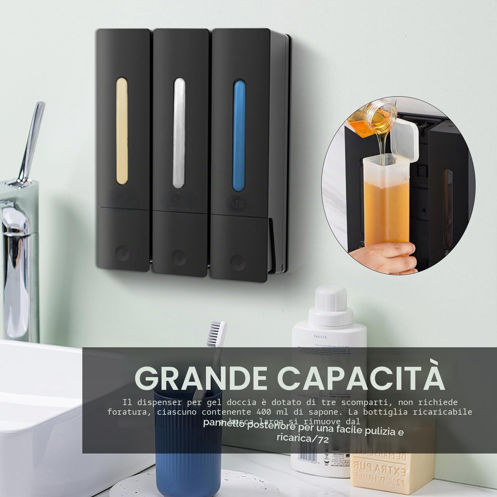 Dispenser Di Sapone, 3 Scomparti Dispenser Di Sapone Per Doccia Dispenser Di Shampoo Di Detersivo Per Piatti Montaggio A Parete Senza Fori Grande Capacità Per Cucina Bagno Hotel - 400ML*3