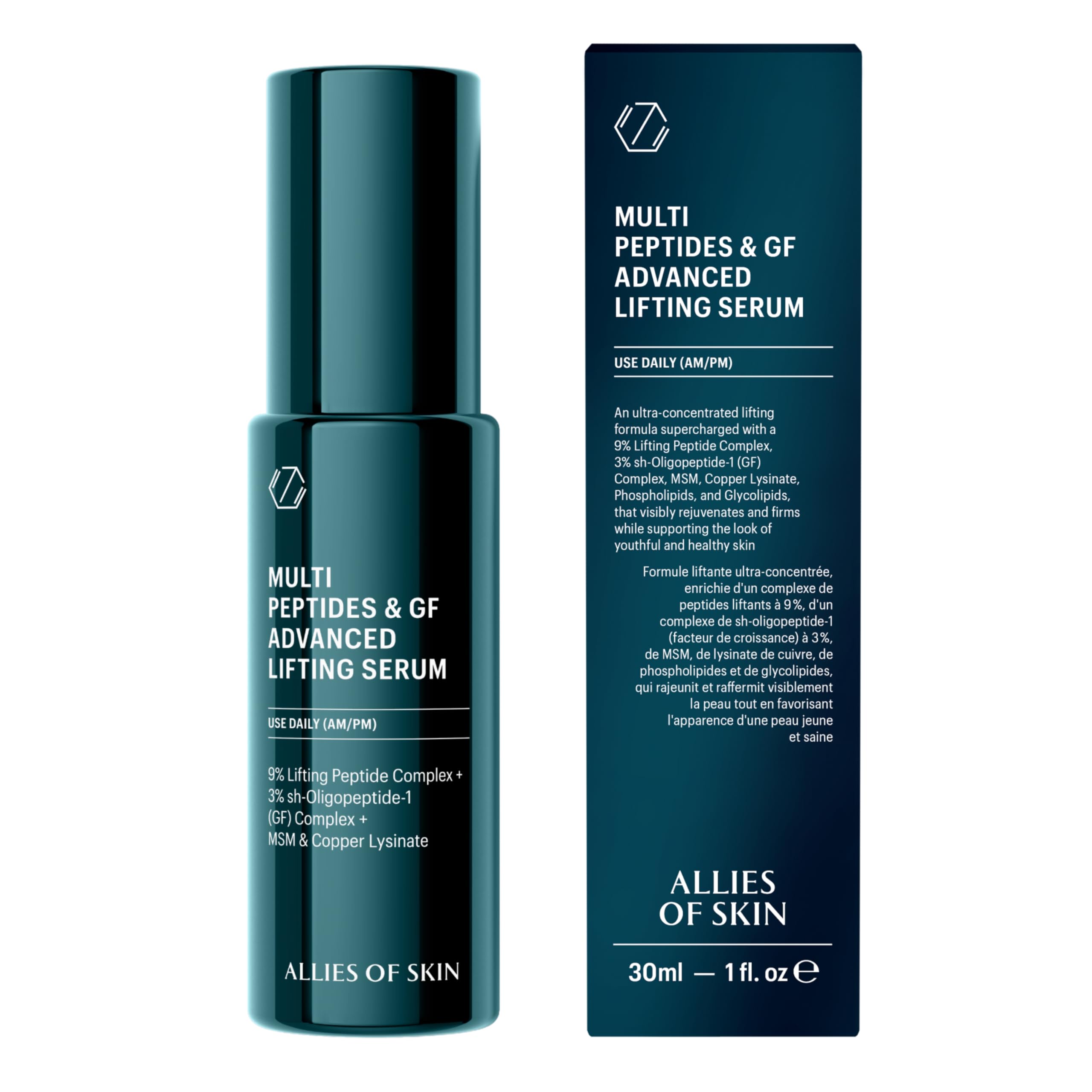 Allies of Skin Multi Peptides & GF Advanced Lifting Serum with 3% sh-Oligopeptide-1 (Growth Factor) Complex, 9% Lifting Peptide Complex, MSM, Copper Lysinate, Phospholipids & Glycolipids. 30 ml/ 1 oz