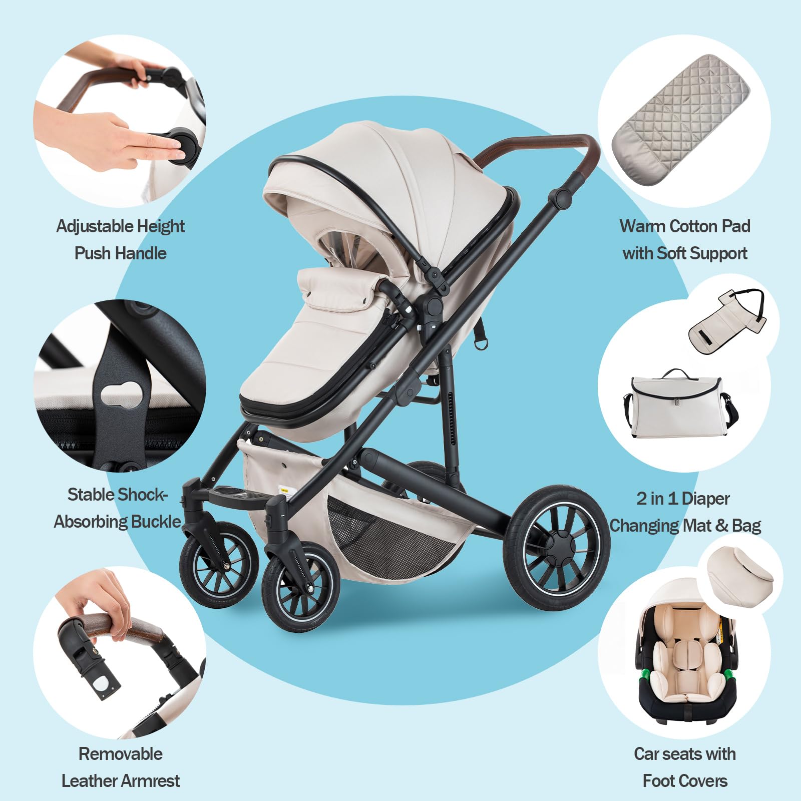 3 En 1 Cochecito Bebe, Carrito Bebé, Manija De Altura Ajustable, Silla De Paseo Con Base ISOFIX, Marco De Aluminio De Alto Nivel, Carro Para Recién Nacido De 0-4 Años, 22 Kg
