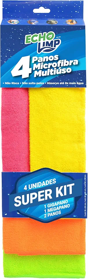 NVA 470 - CONJUNTO COM 4 PANOS SORTIDOS EM MICROFIBRA (1UNI - 60x90 / 1UNI - 58x48 / 2UNI - 30x35) - ECHOLIMP