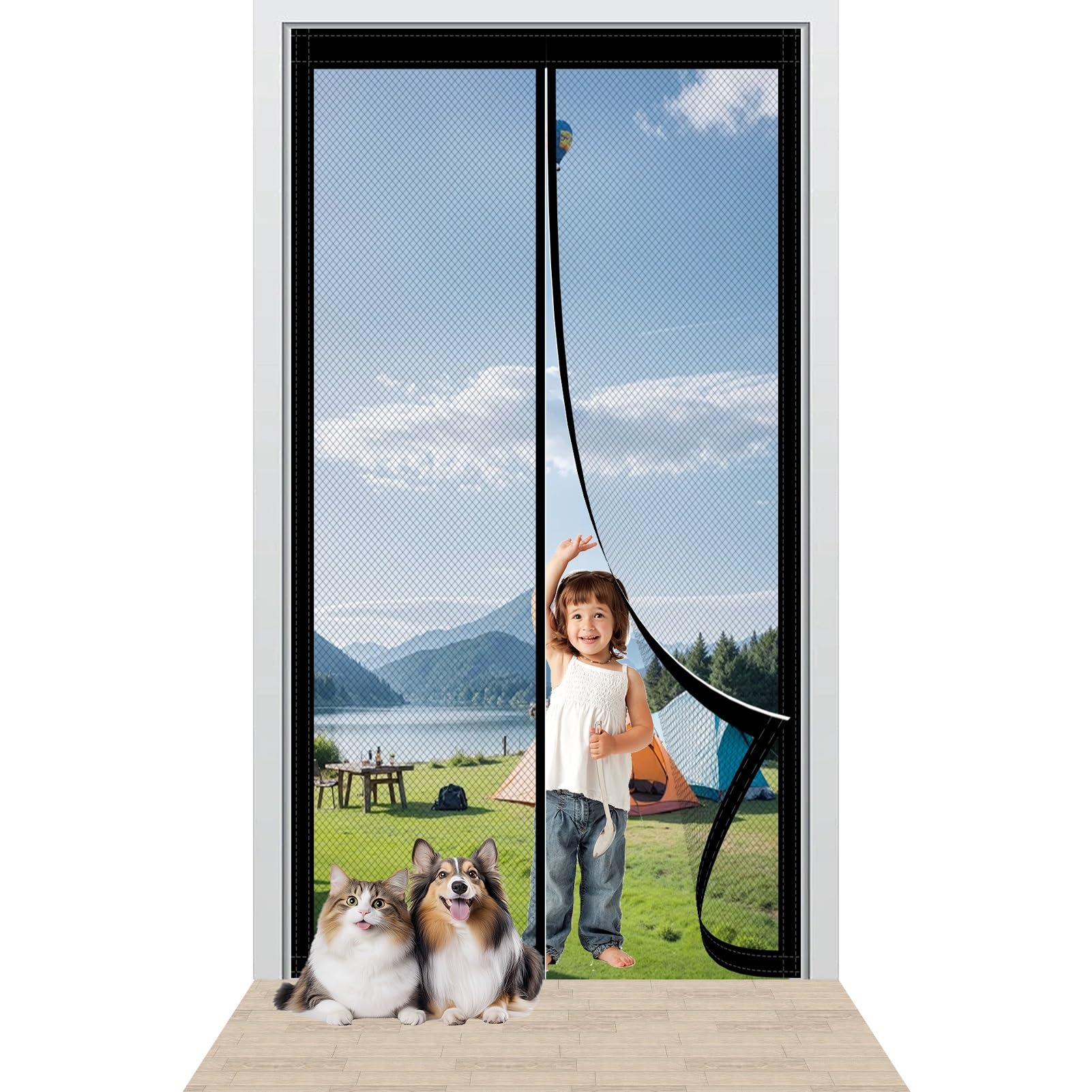 Fly Nets for Doors 138 x 206 cm Easy to Install Without Drilling Magnetic Screen Door with Powerful Magnets/Full Frame Magic Tape for Home Office Balcony Patio Garden, Black
