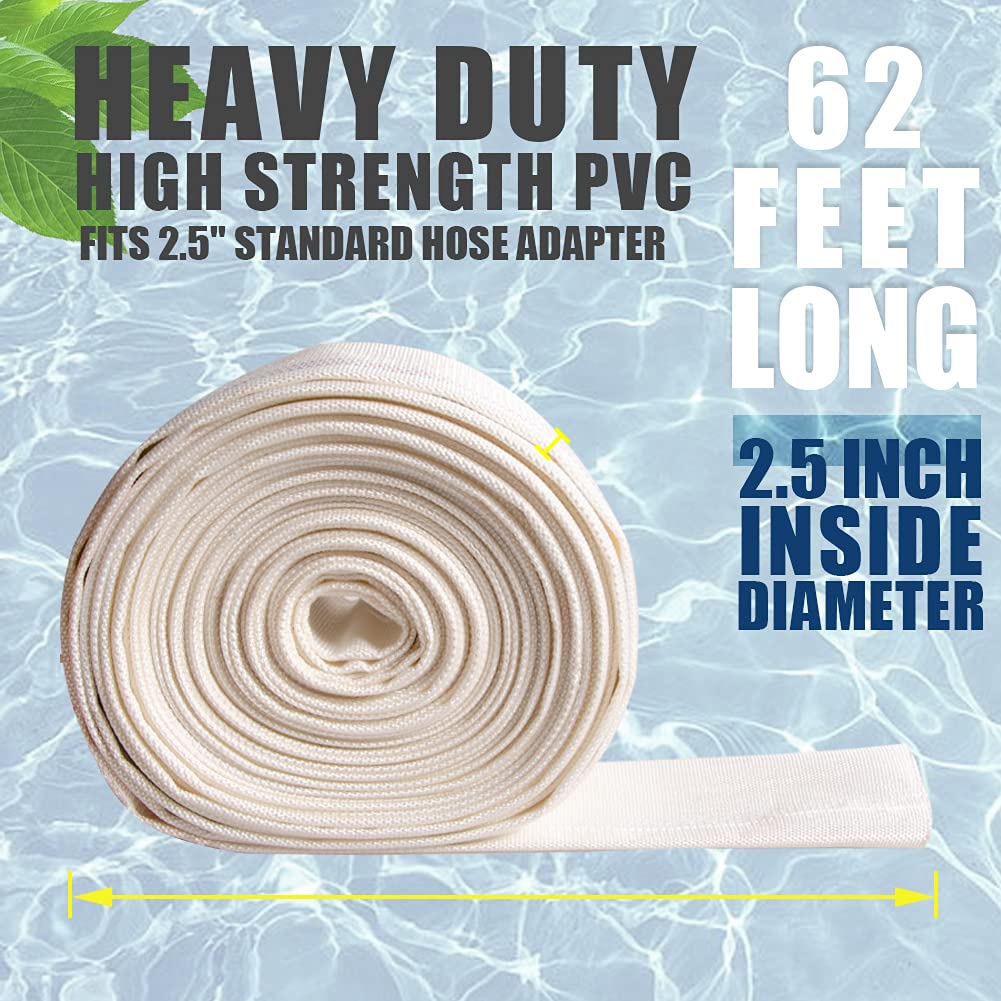 QuQuyi Manguera de PVC reforzado resistente de 6,3 cm x 62 pies, tubo de descarga de agua plano de uso general para aplicaciones de transferencia de agua, color blanco