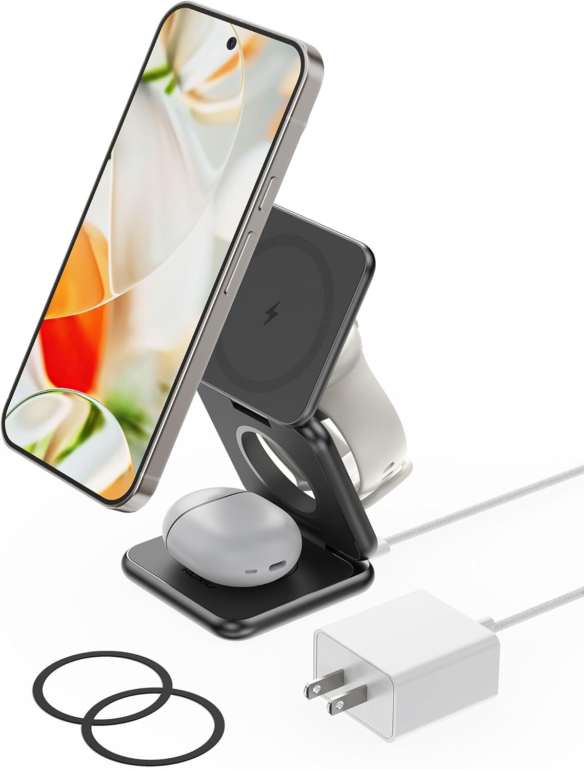 KU XIU 3 in 1 Foldable Wireless Charger for Google Pixel Watch 3/2,Magnetic Wireless Charging Station for Pixel 10 Pro XL/10 Pro Fold/10/9/8/7/6 Pro,for Pixel Buds (Not for Pixel Watch 4/1)