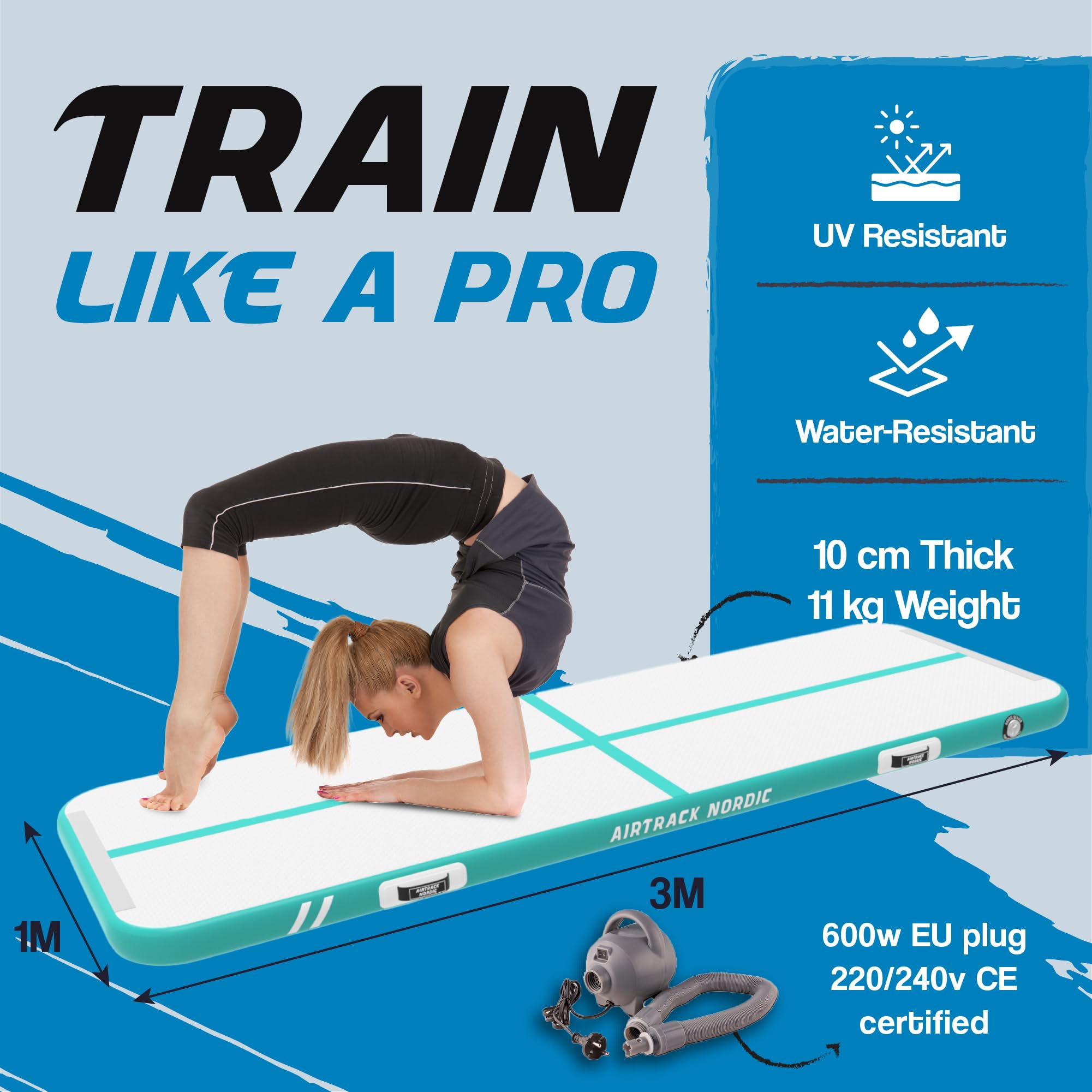 AirTrack Nordic Home 3m - Turnmatte Aufblasbar mit elektr. Luftpumpe & Tragetasche - Langlebig Air Track Matte für Gymnastik, Yoga & Fitness, Leicht transportierbar Air Tracking Gymnastikmatte Zuhause