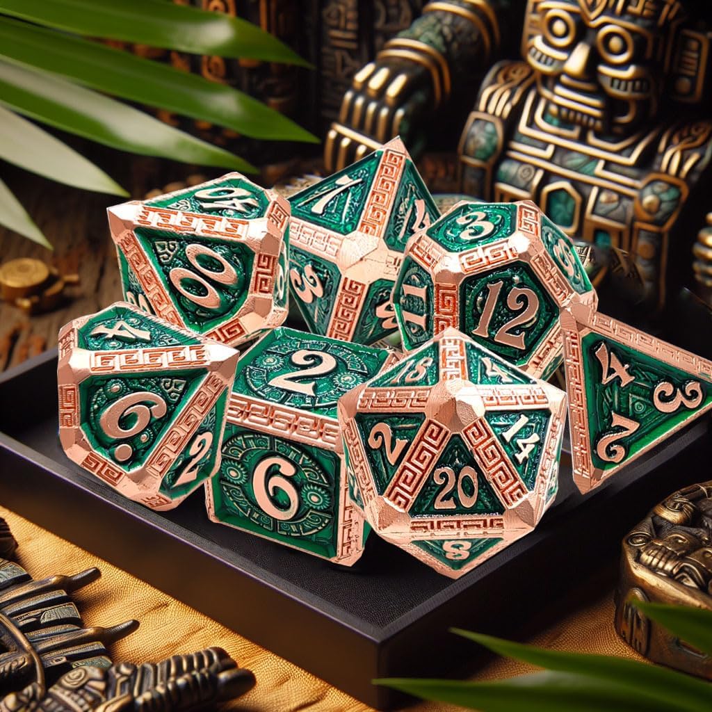 DND Dice Set Ancient Civilization​ Metal D&D Dice Set with Metal Box Polyhedral Dice for Dungeons and Dragons TTRPG Gifts (Maya, Green)