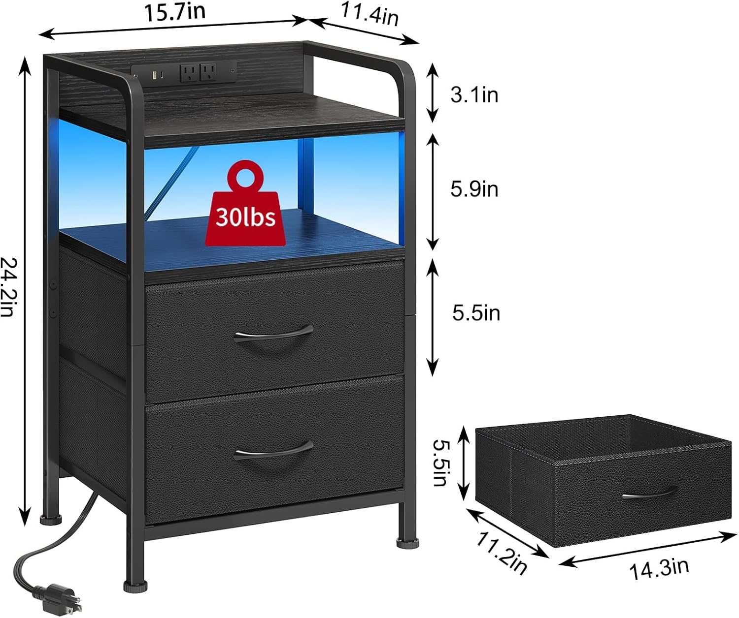 Fixwal Night Stand for Men Bedroom with 2 Fabric Storage Drawers and Shelves, Nightstand with Charging Station & LED Lights, Black