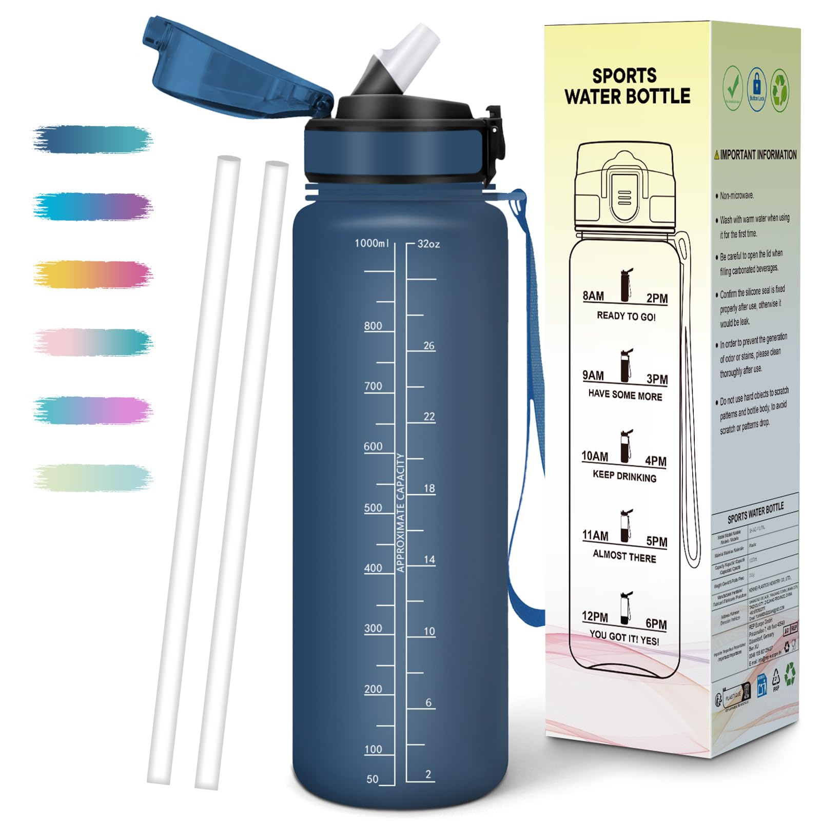 Mulbijeo Trinkflasche 1L, BPA-Frei, Wasserflasche Kohlensäure Geeignet, Wasserflasche Auslaufsicher, Trinkflasche mit Strohhalm, Zeitanreiz, Sportflasche für Laufen, Fahrrad, Fitness, Party