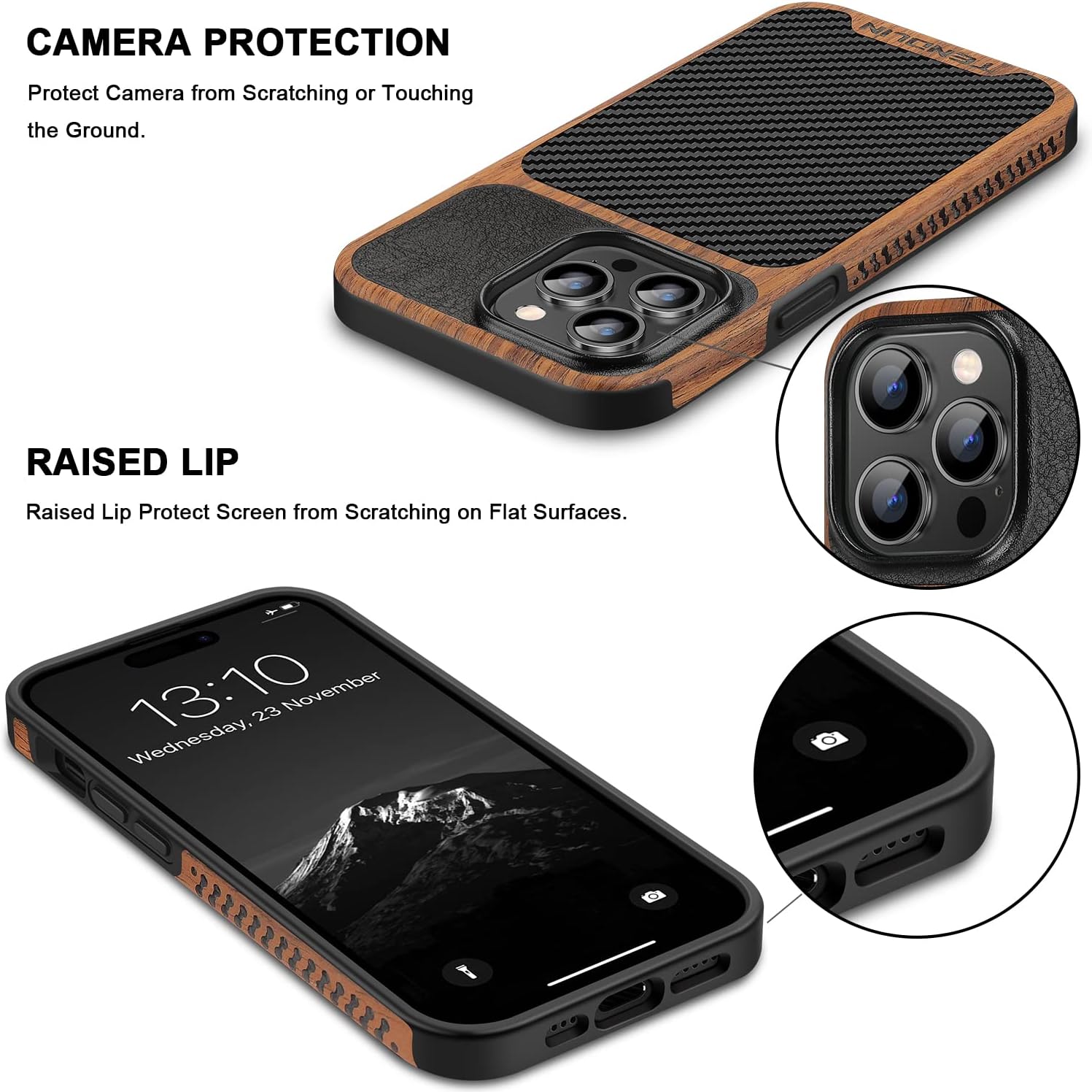 TENDLIN Compatible with iPhone 14 Pro Max Case Wood Grain with Carbon Fiber Texture Design Leather Hybrid Slim Case Black - Image 4