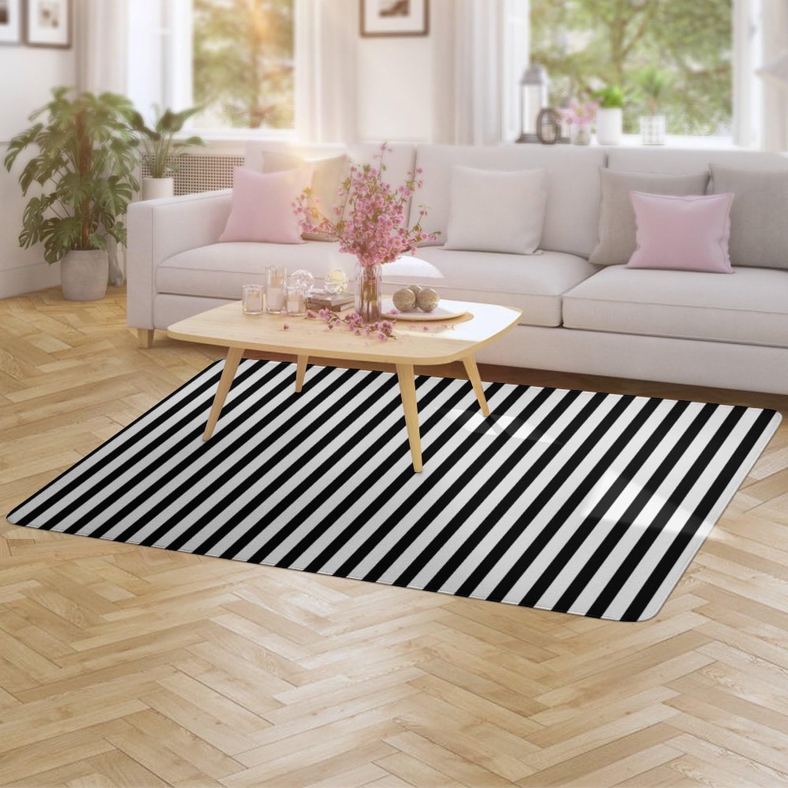 Teppich, schwarz-weiß gestreift, weiche Bodenmatte für Wohnzimmer, Schlafzimmer (100 x 150 cm)