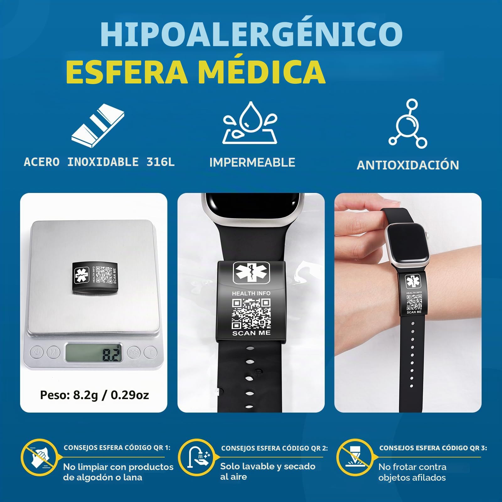 Pulseras médicas mejoradas para hombres y mujeres con código QR, pulseras de identificación de alerta médica, pulsera de acero de titanio, se adapta a muñecas de hasta 8 a 10 pulgadas, más