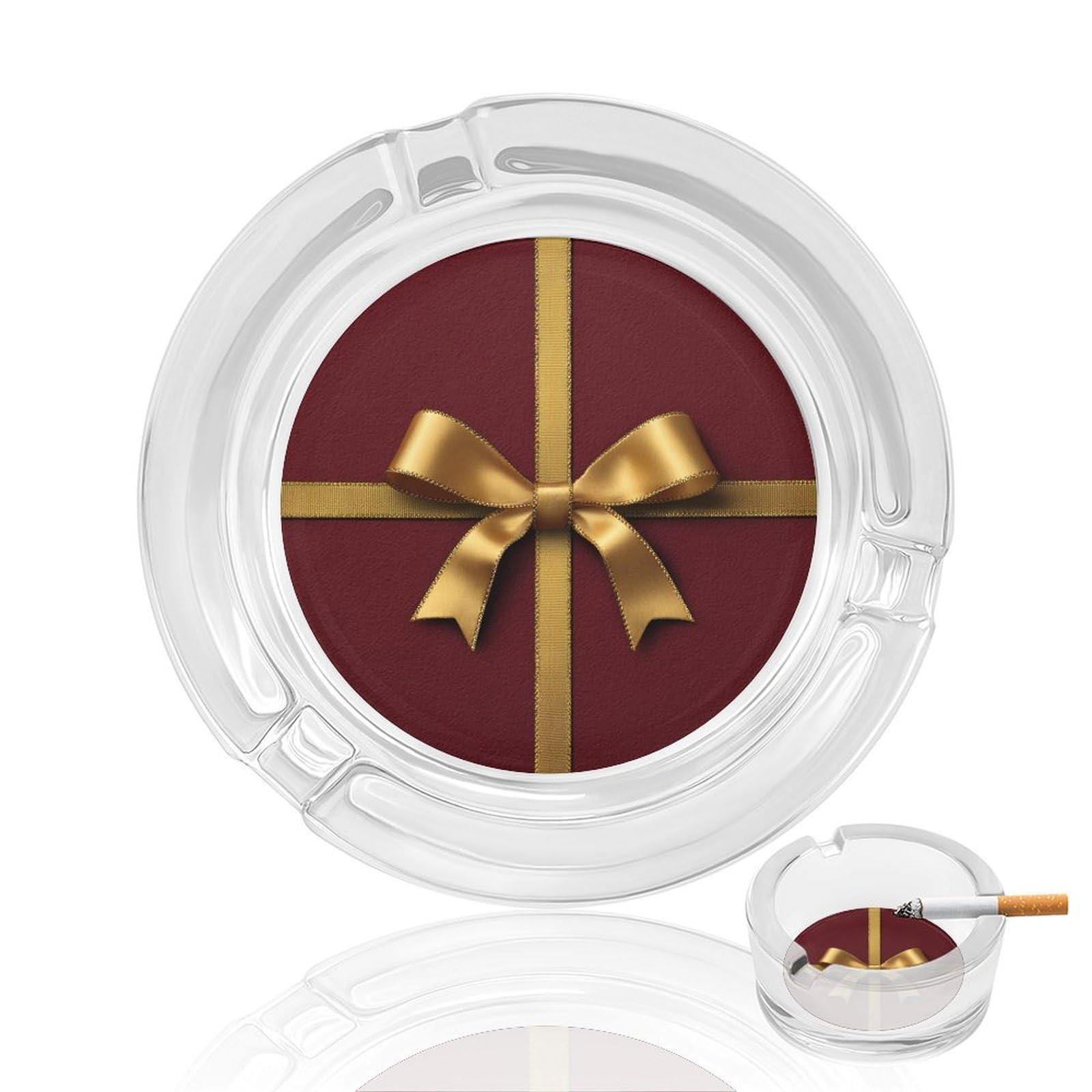 Gold Ribbon with Bow on Burgundy Plain Glass Ashtray for Cigarettes Portable Decorative Ash Trays for Home Office Decor